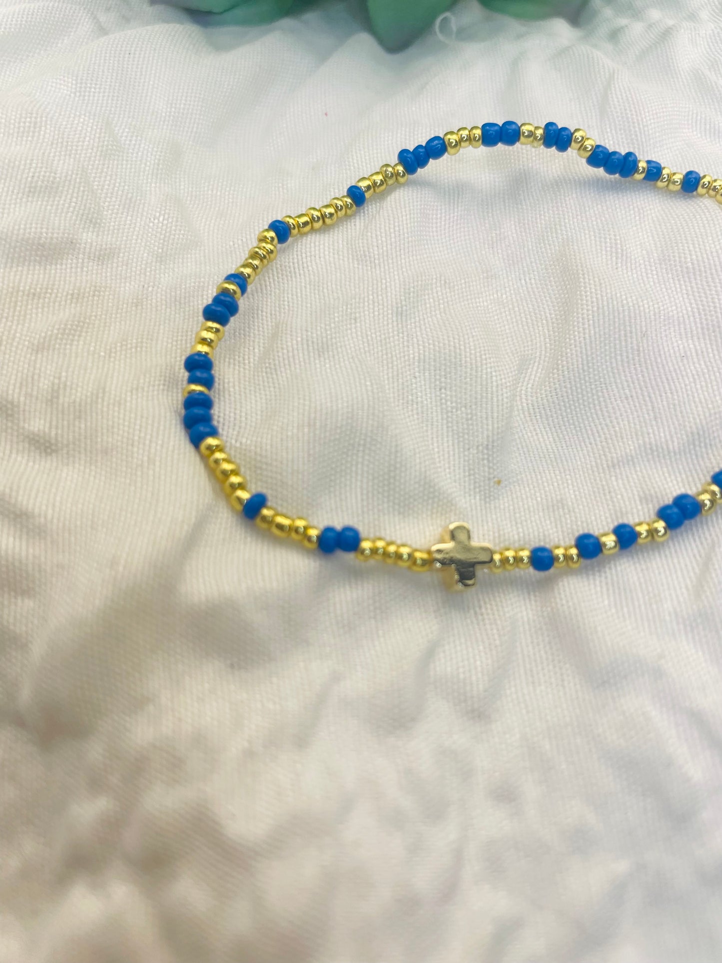 Cross bracelet, minimalist bracelet, cobalt and gold