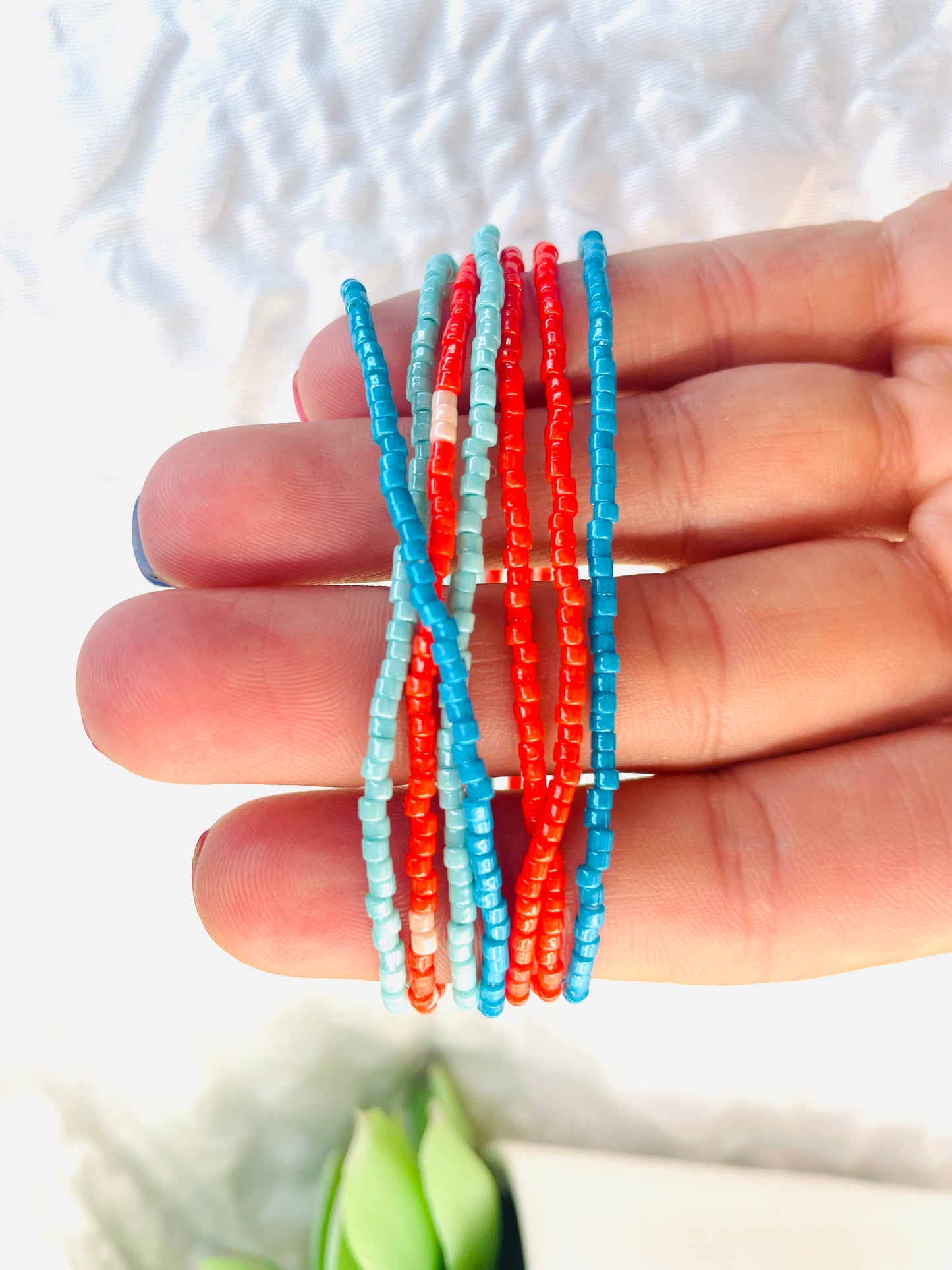 Blue and coral dainty thin Summer bracelets