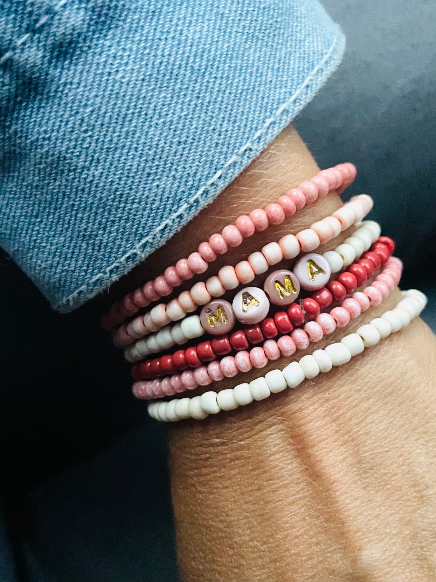 Fall bracelet stack, mama bracelet, blush, cream, burnt orange maple colors