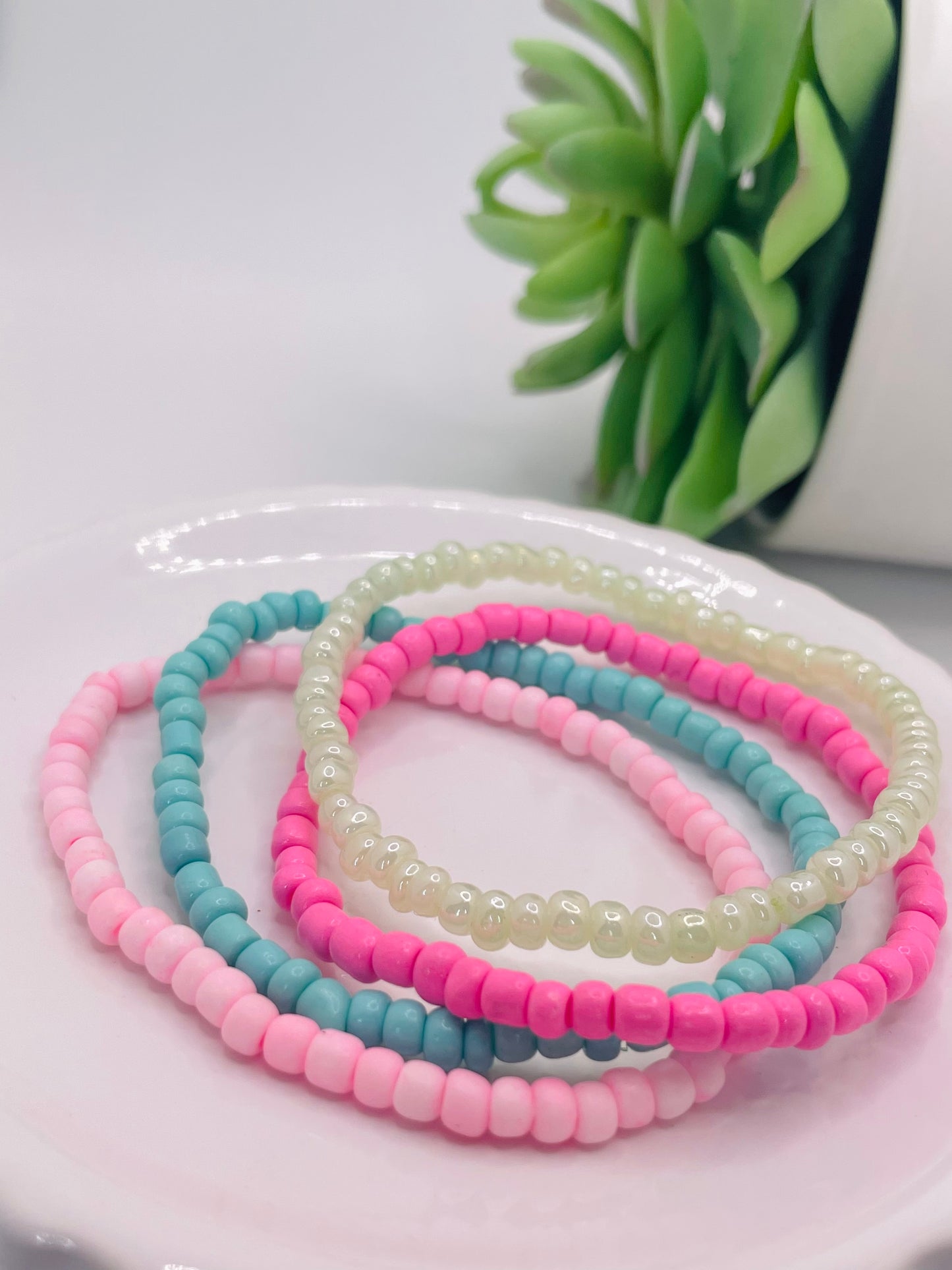 Pink, aqua, sea green stackable bracelet set Easter bracelets spring bracelets