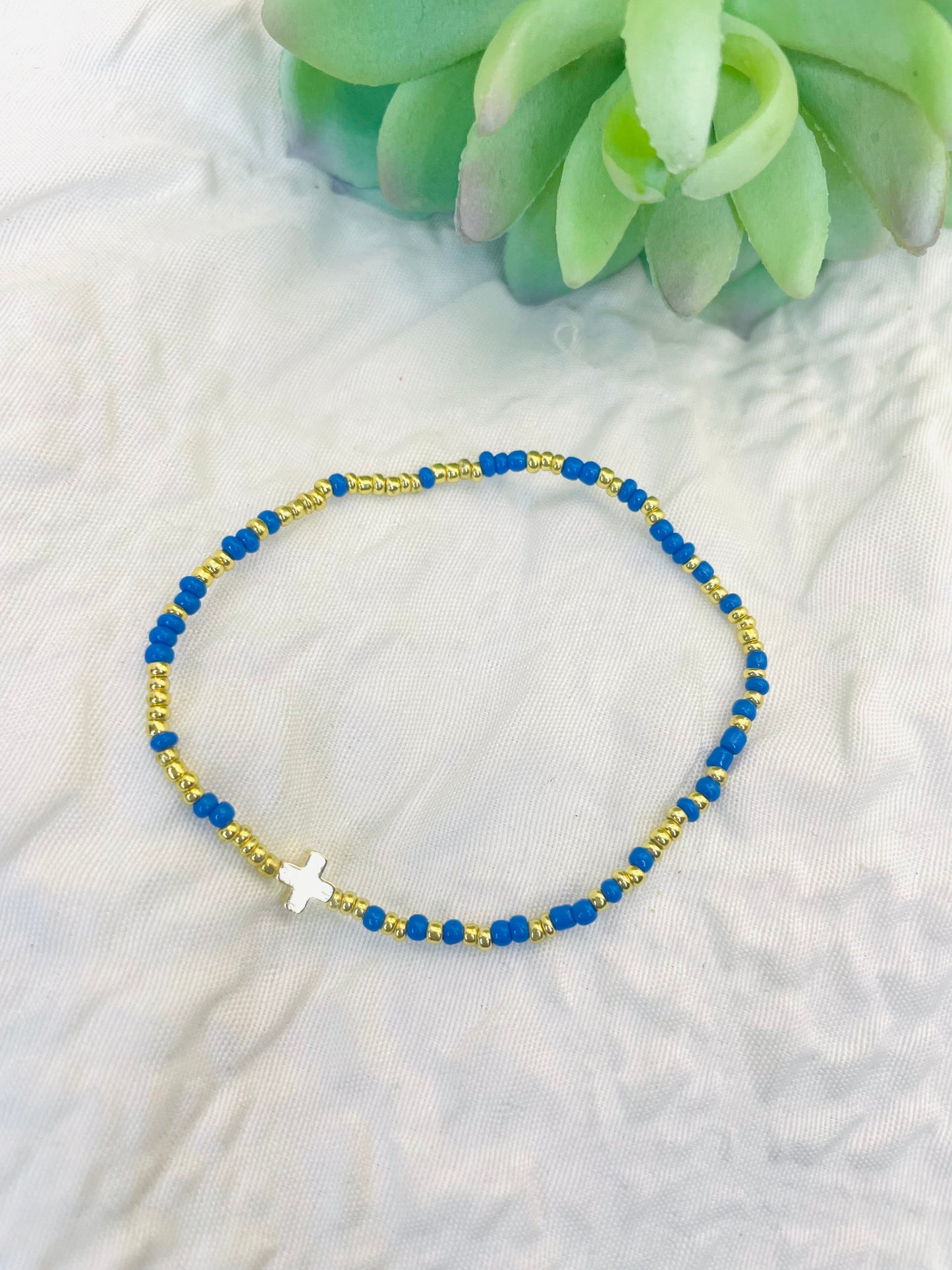 Cross bracelet, minimalist bracelet, cobalt and gold