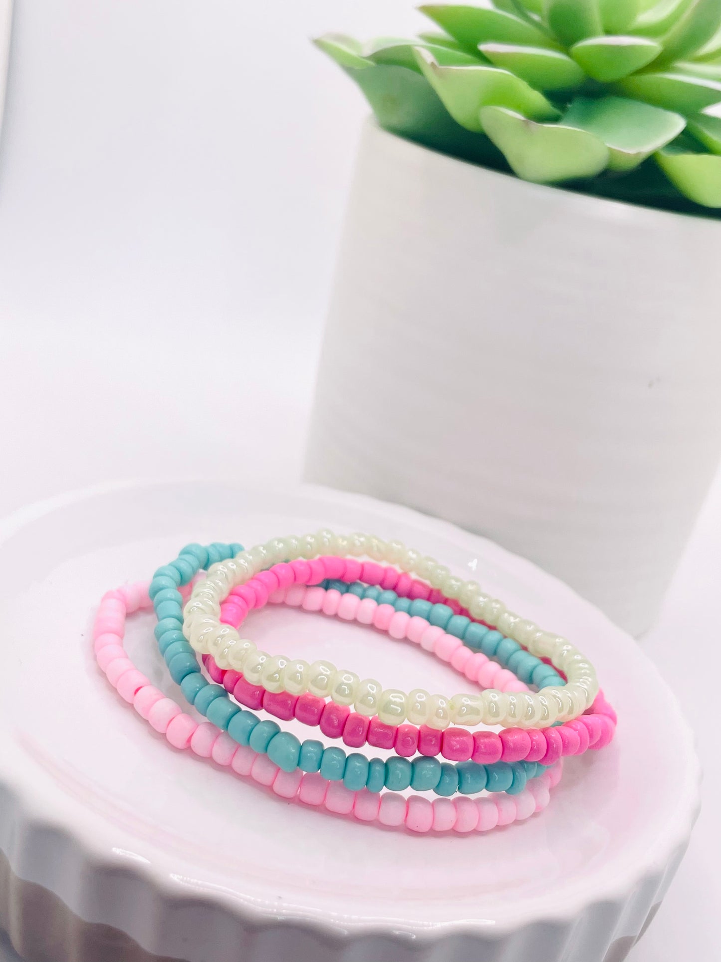 Pink, aqua, sea green stackable bracelet set Easter bracelets spring bracelets