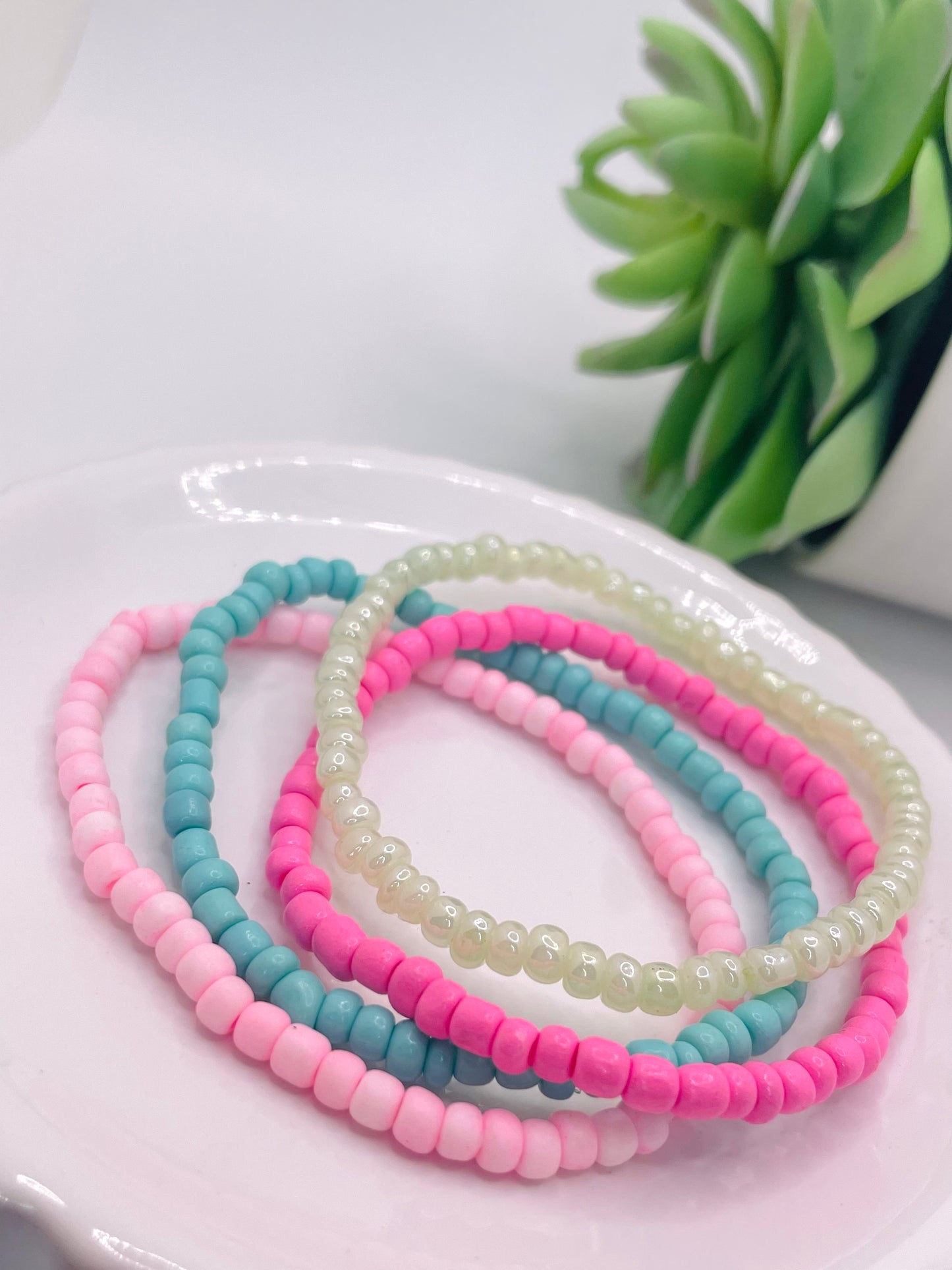 Pink, aqua, sea green stackable bracelet set Easter bracelets spring bracelets