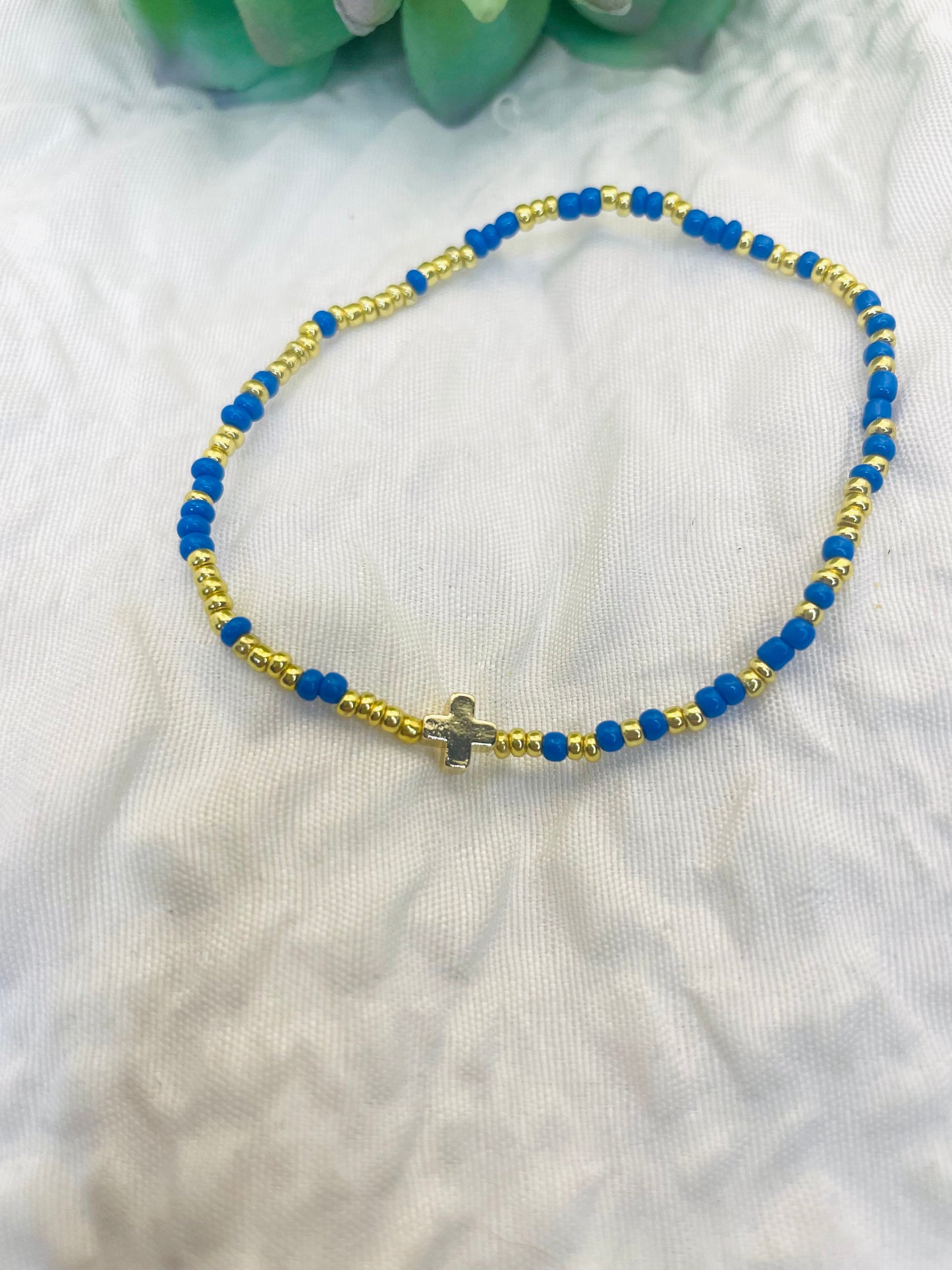 Cross bracelet, minimalist bracelet, cobalt and gold