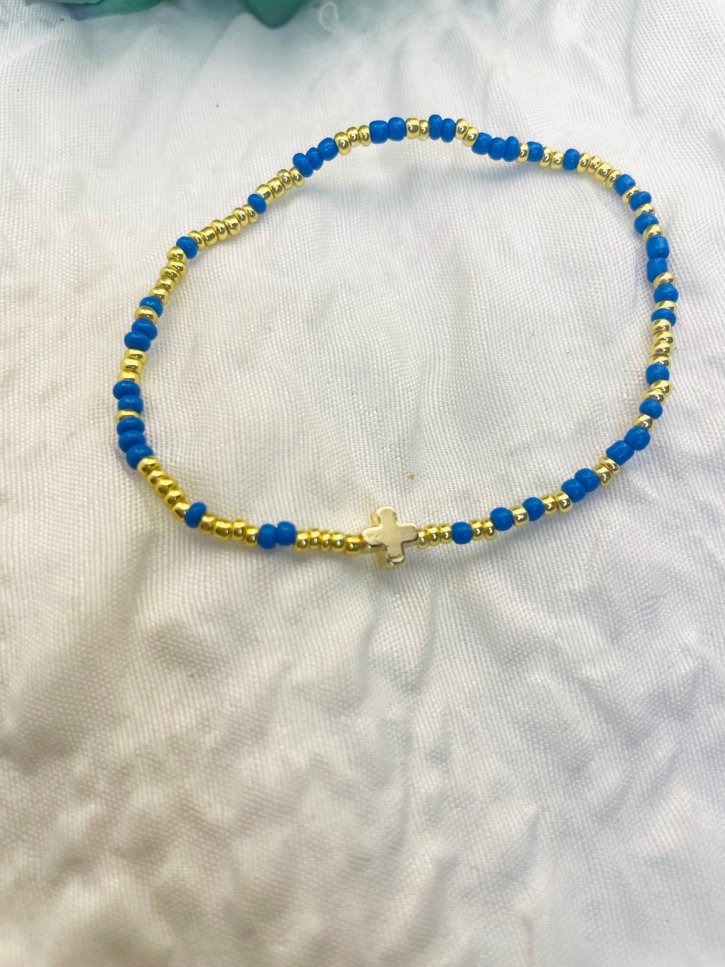 Cross bracelet, minimalist bracelet, cobalt and gold