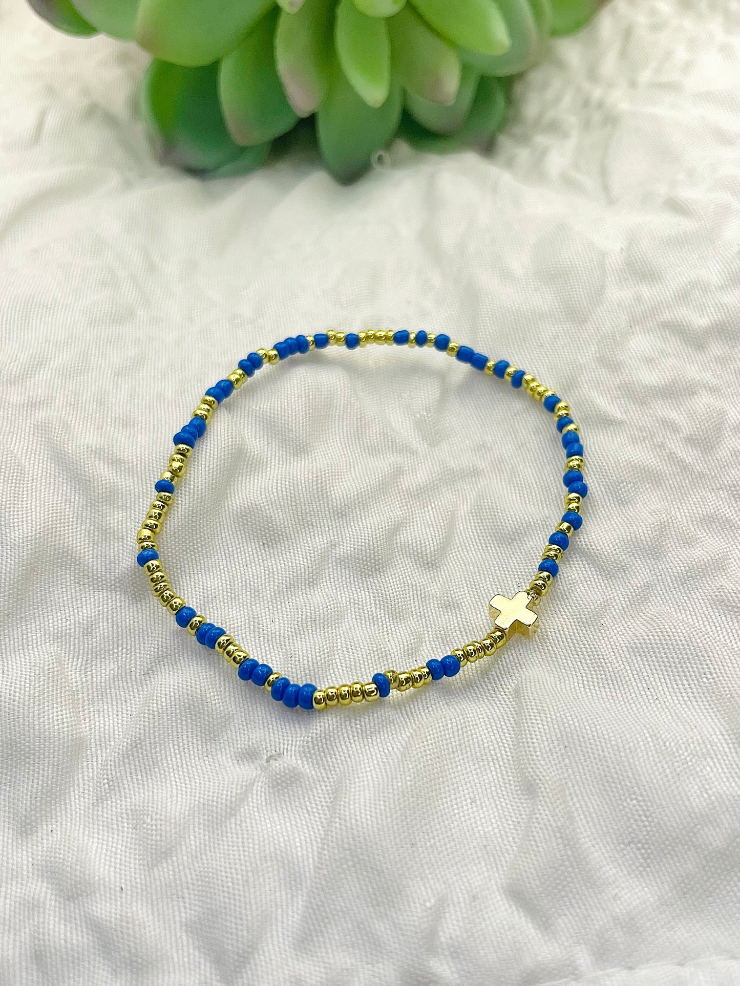 Cross bracelet, minimalist bracelet, cobalt and gold
