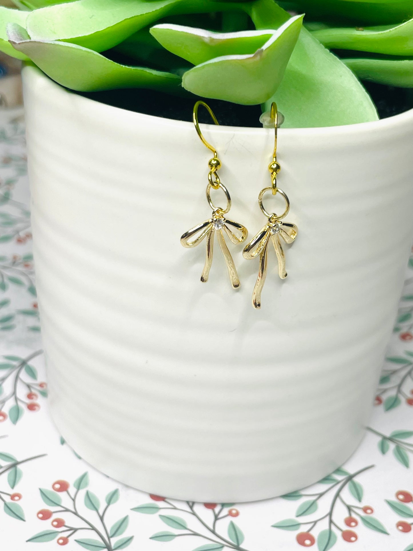 Dangle earrings, Bow earrings with gemstones