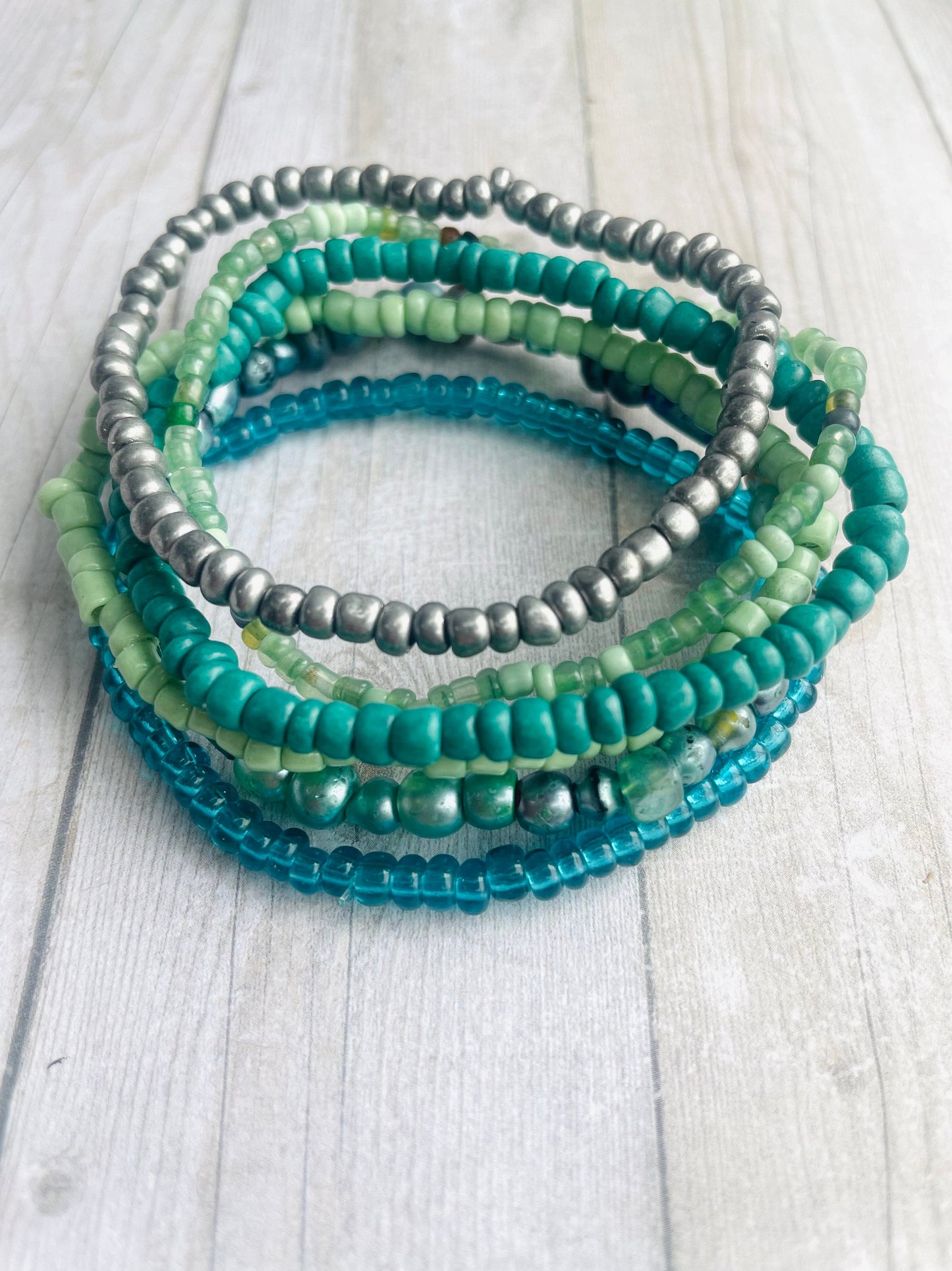 Ocean sea glass shades beachy bracelet set seed bead bracelets