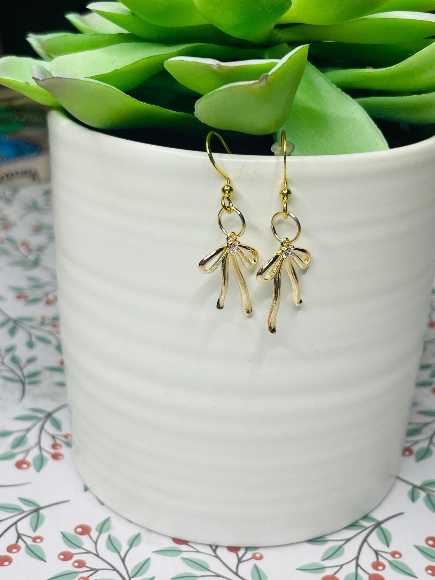 Dangle earrings, Bow earrings with gemstones