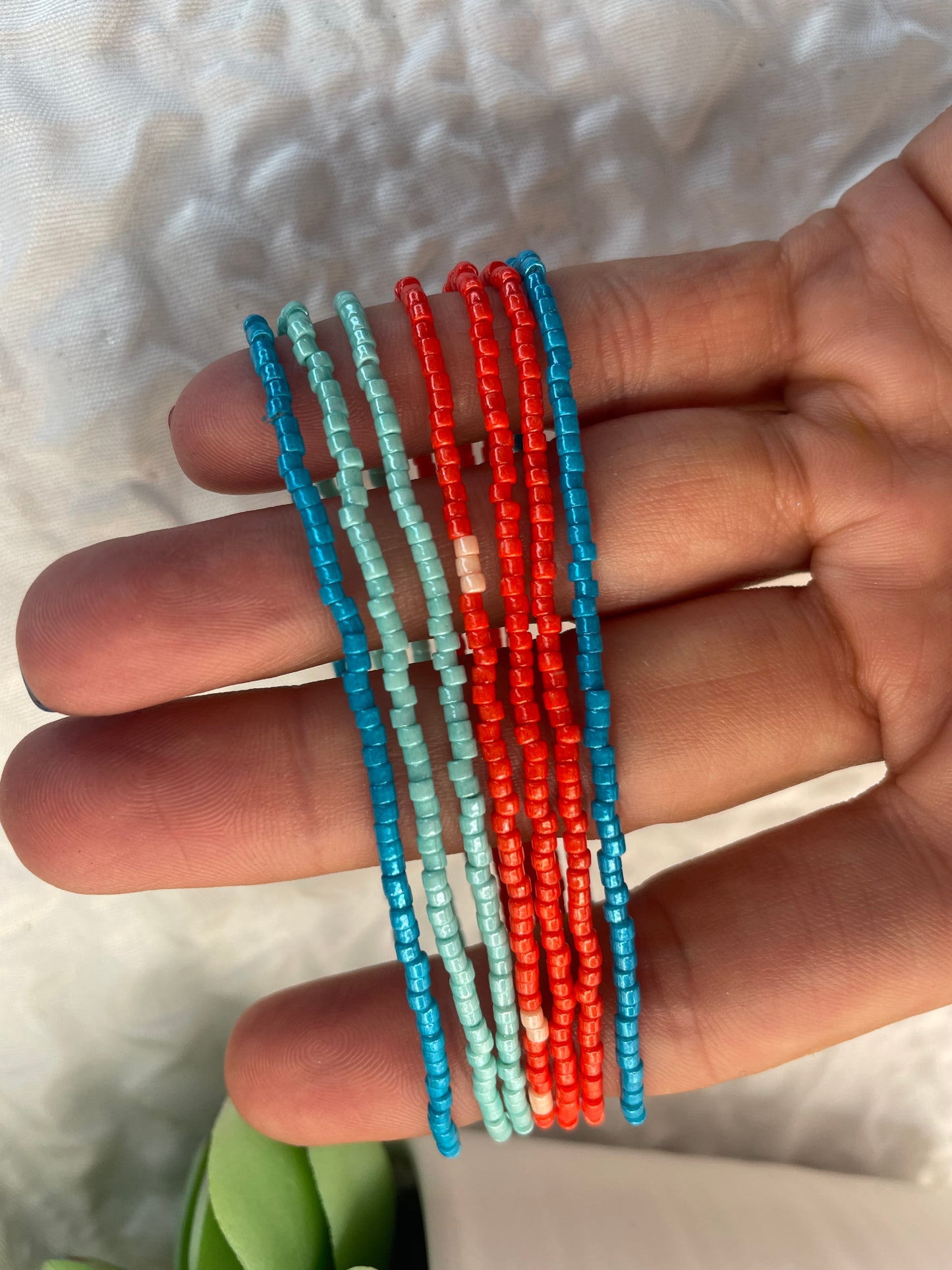 Blue and coral dainty thin Summer bracelets