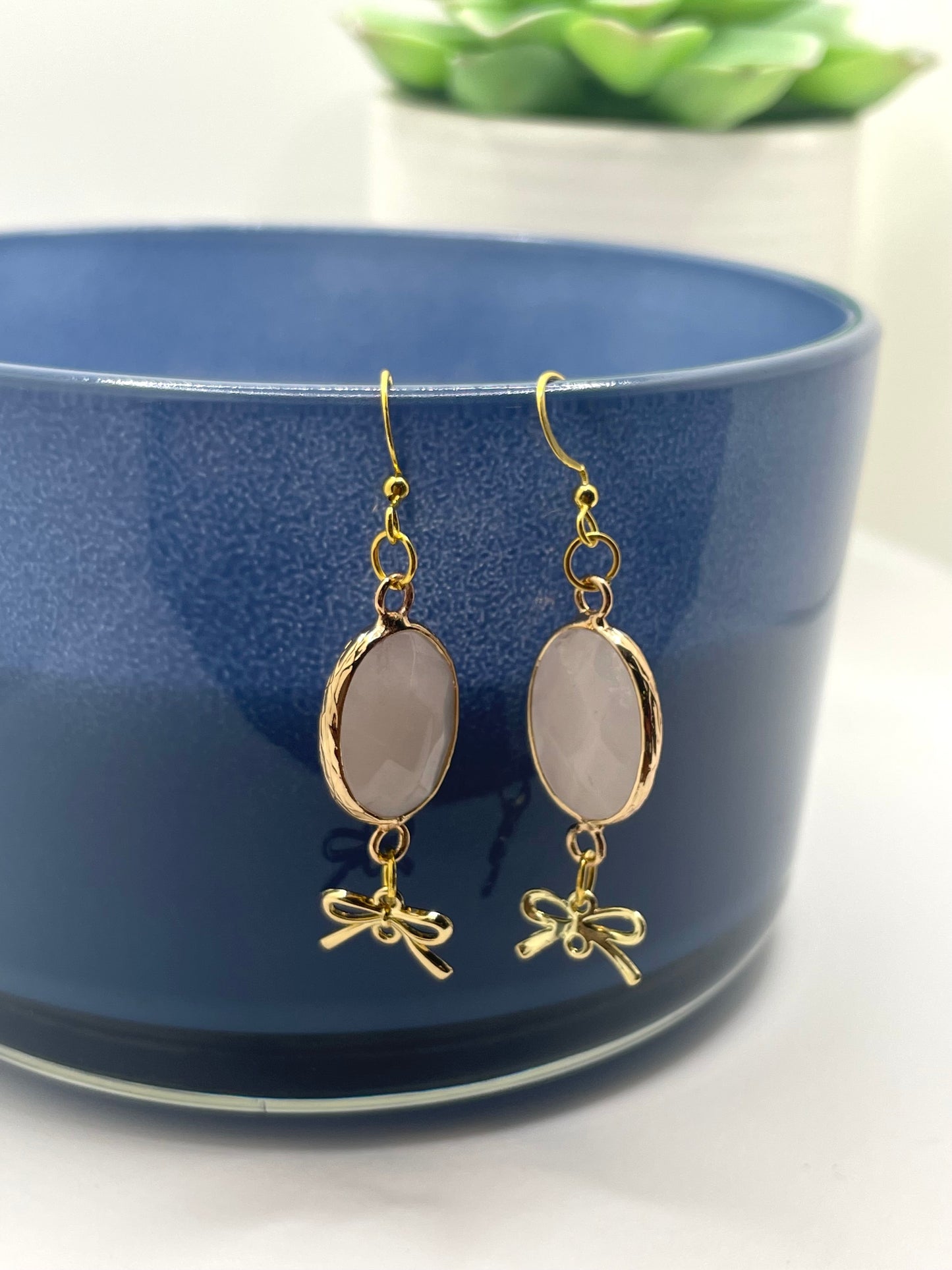 Dangle earrings, Bow earrings with gemstones