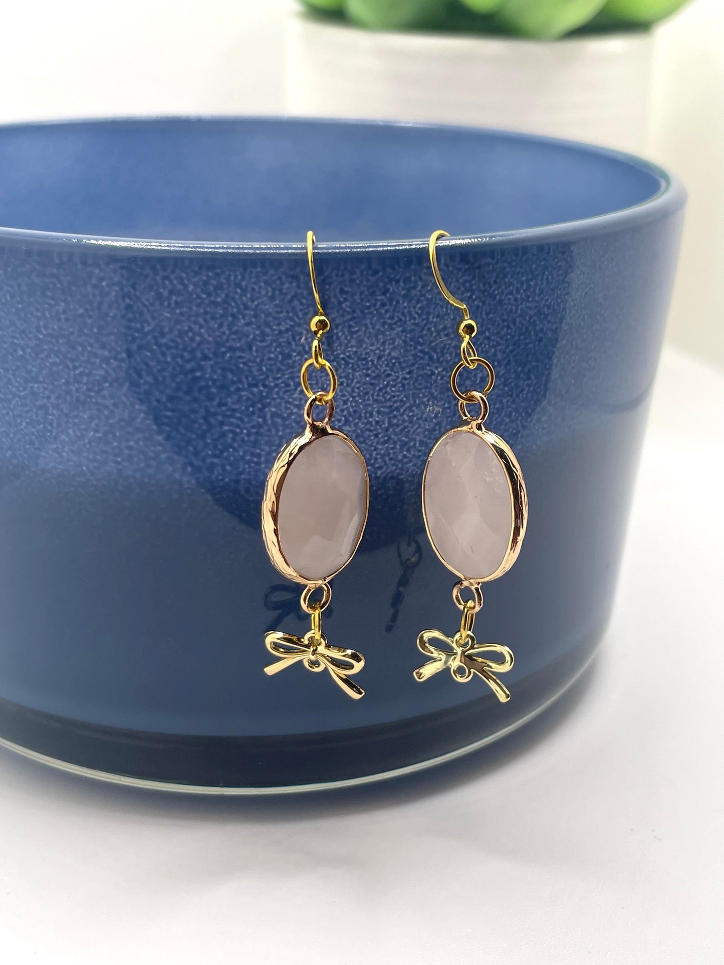 Dangle earrings, Bow earrings with gemstones