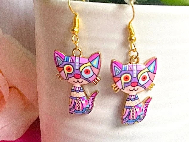 Cat earrings art decco earrings with hypoallergenic findings
