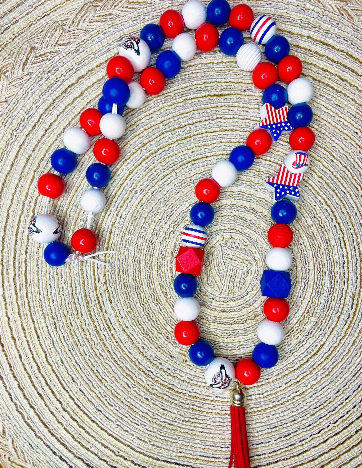 Red, white and blue necklace, USA necklace, large wooden bead tassel necklace
