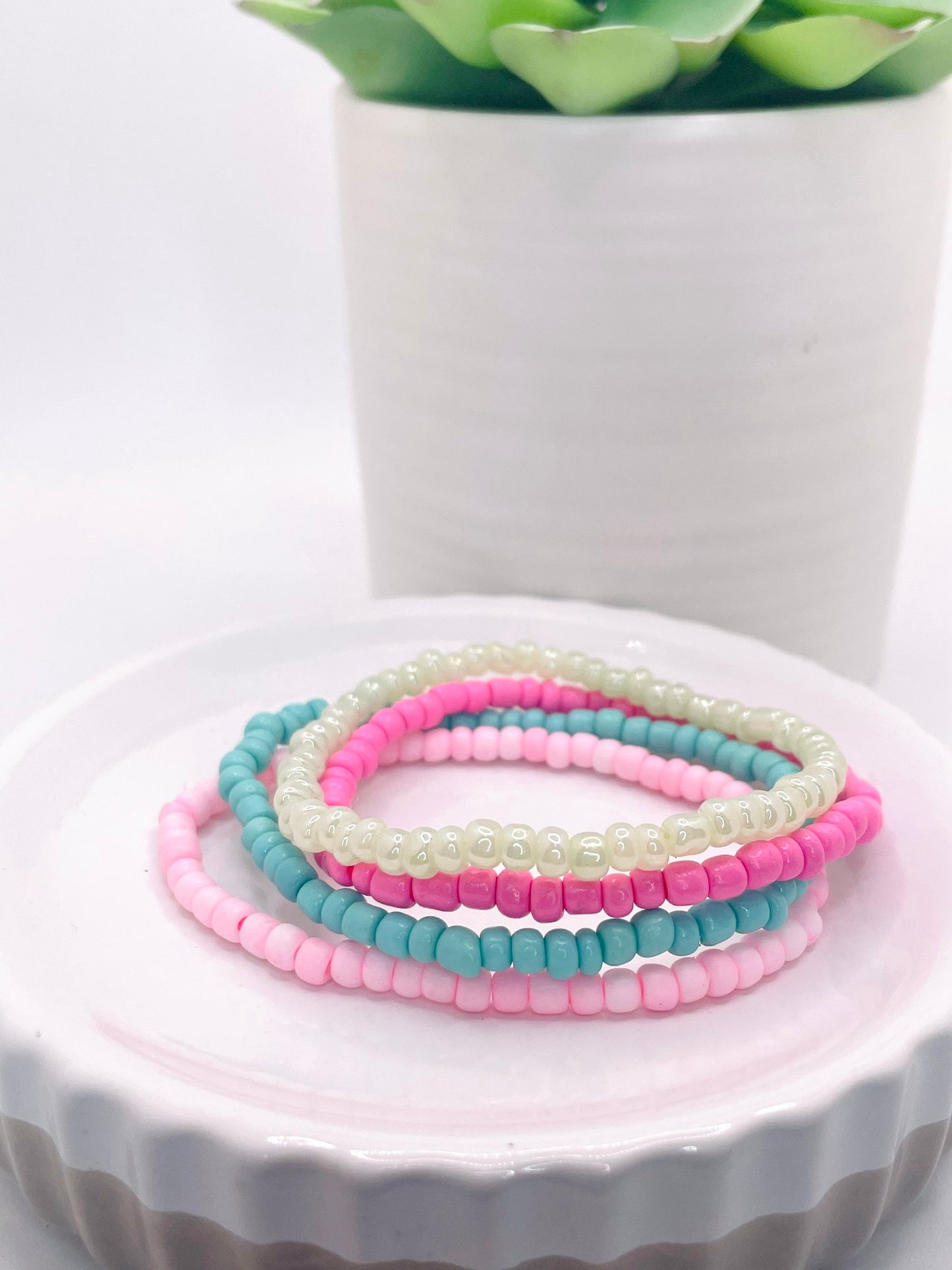 Pink, aqua, sea green stackable bracelet set Easter bracelets spring bracelets