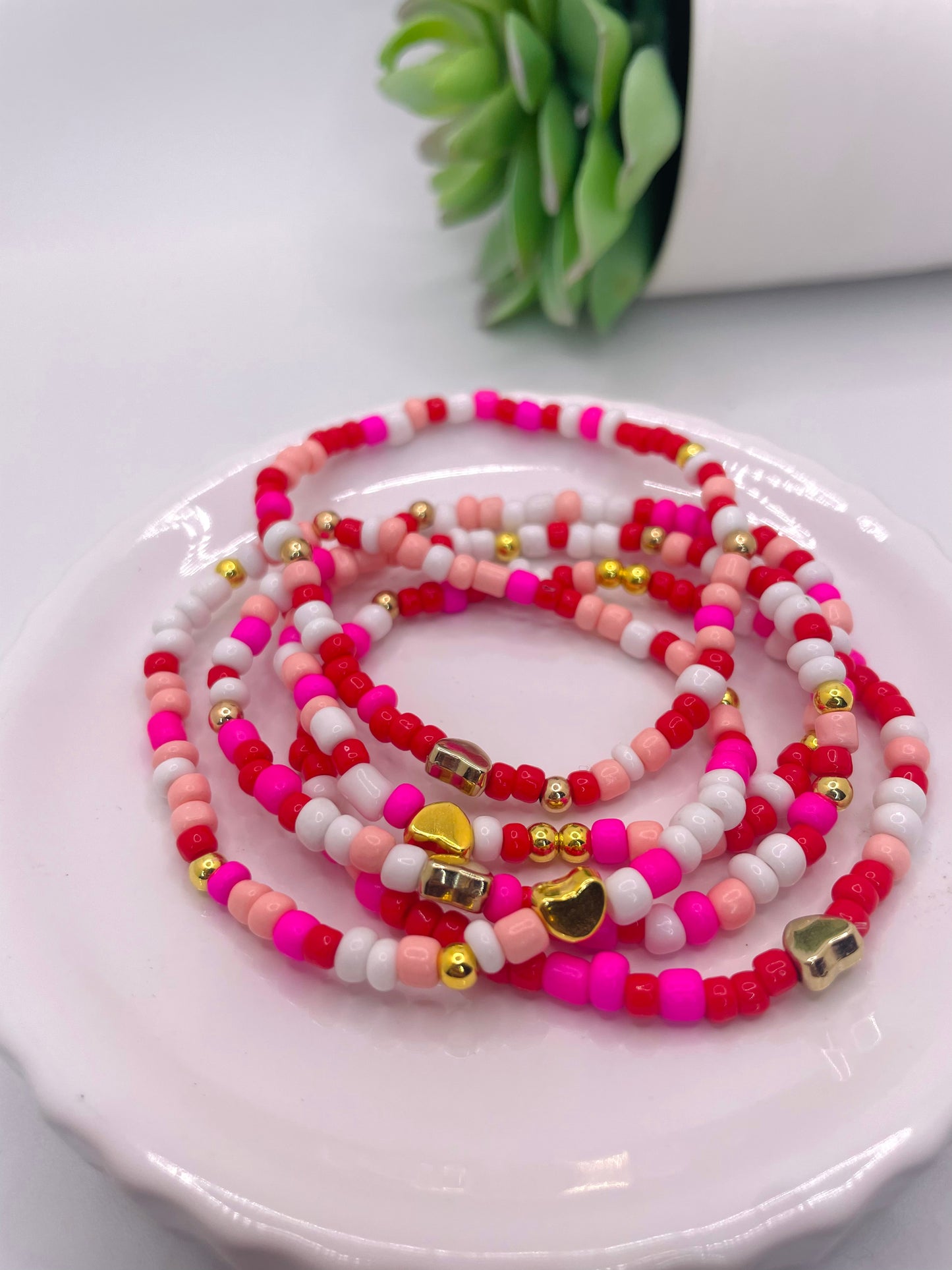Valentines bracelet set red and white heart bracelet