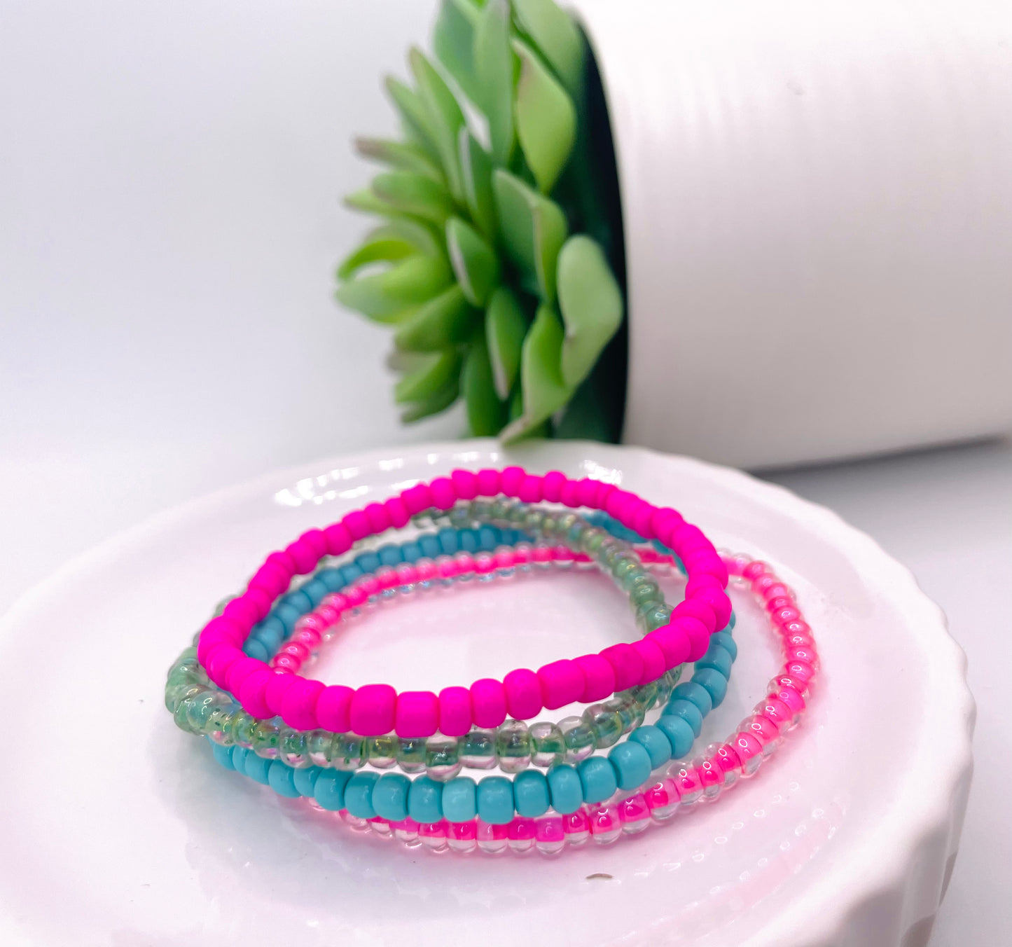 Pink and teal stack bracelet stack