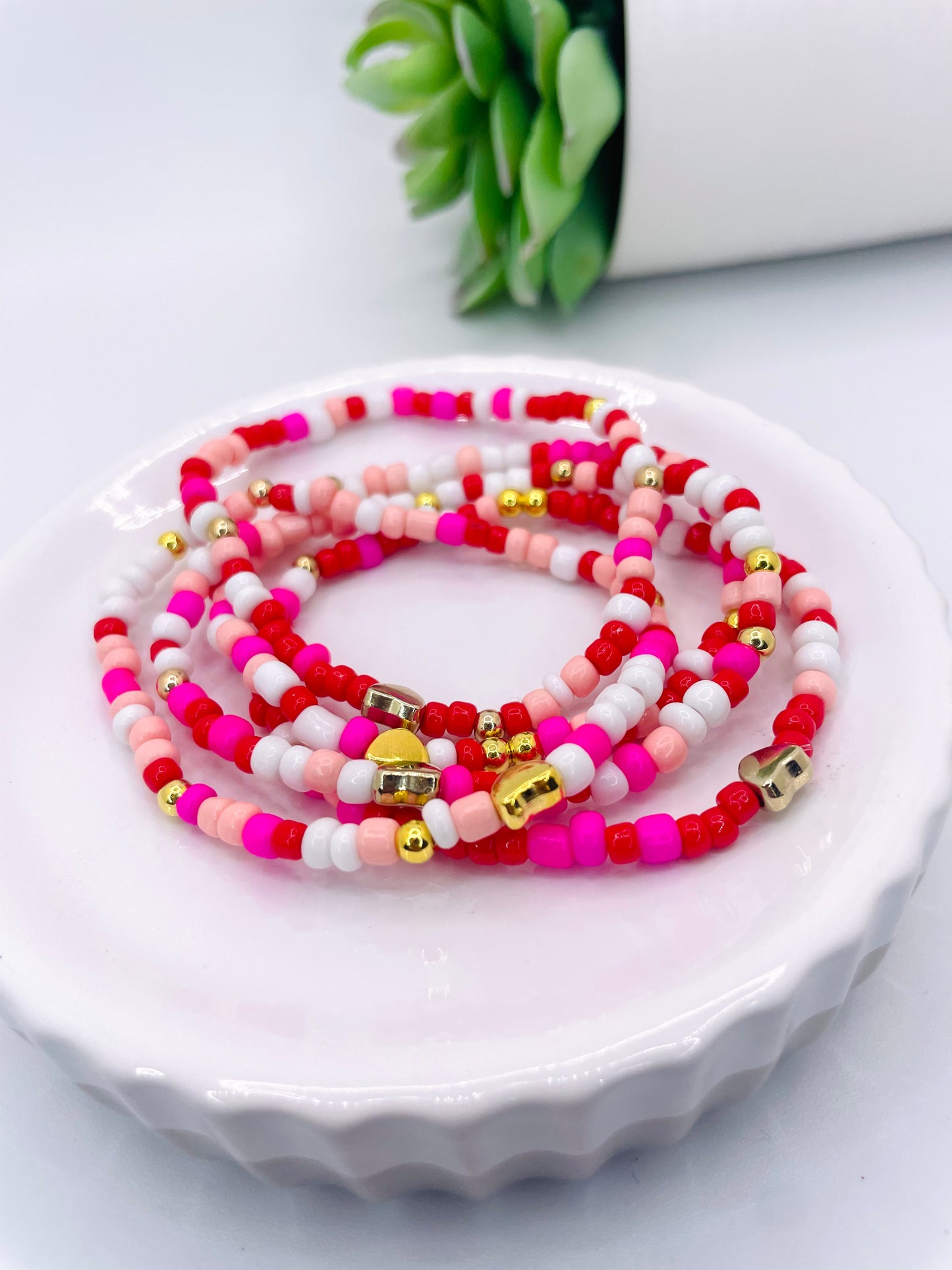 Valentines bracelet set red and white heart bracelet