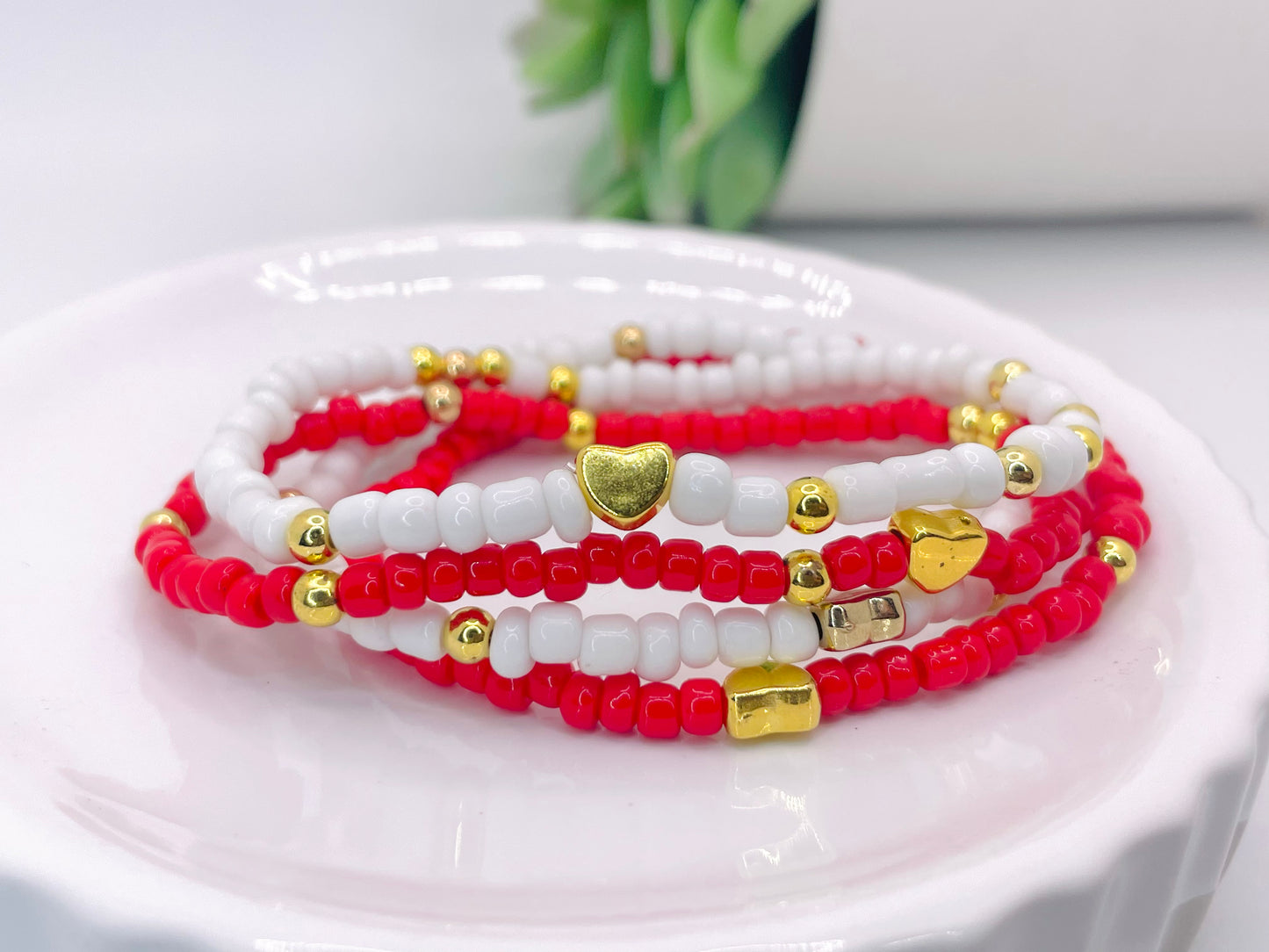 Valentines bracelet set red and white heart bracelet