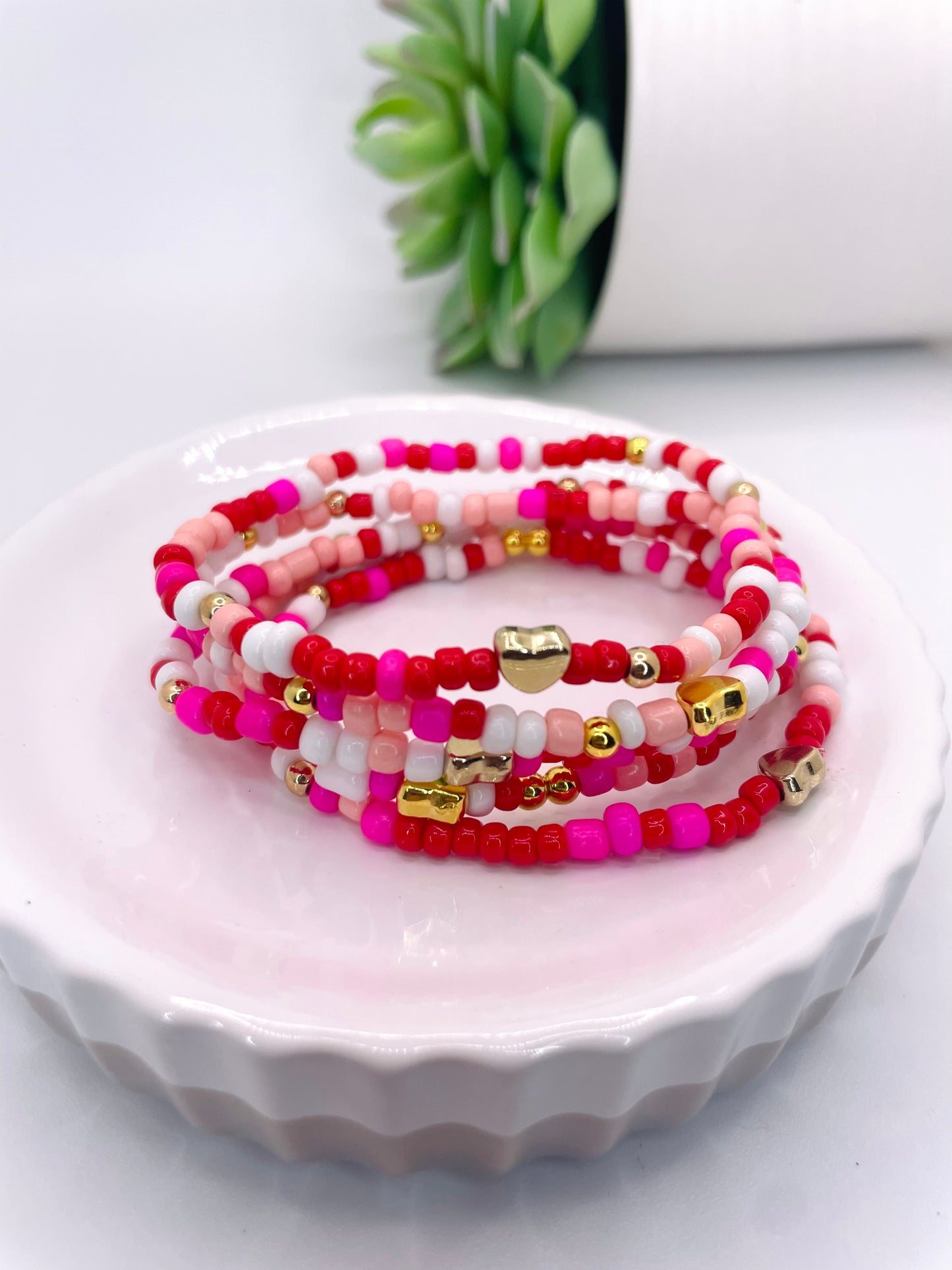 Valentines bracelet set red and white heart bracelet