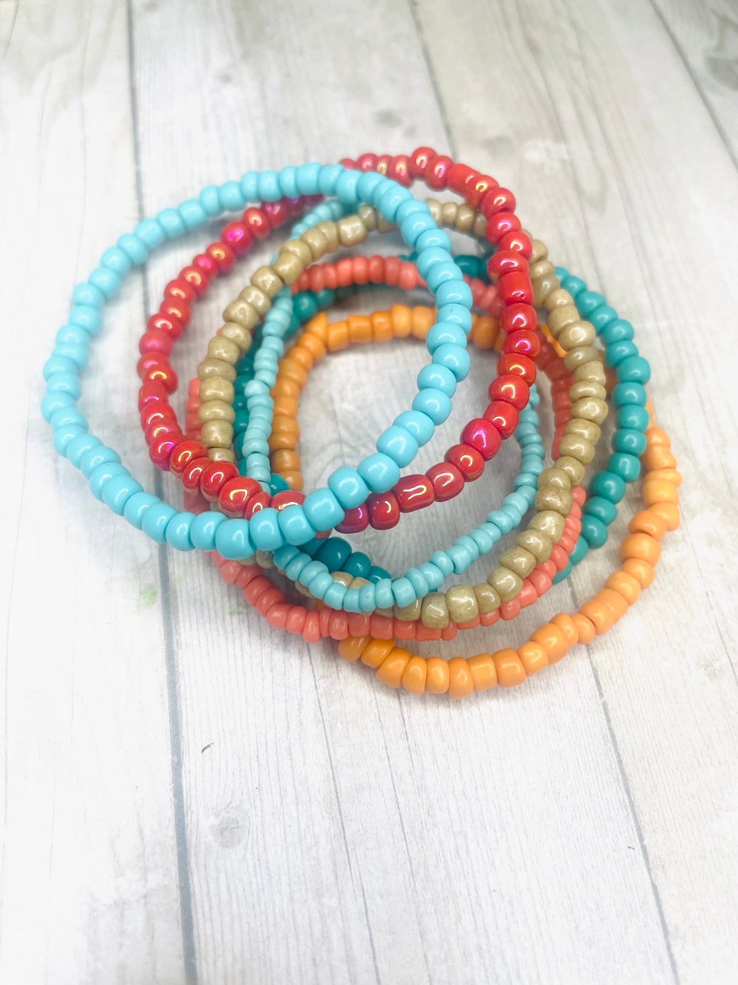 Turquoise and coral tropical beach summer colors bracelet 7 piece stackable set