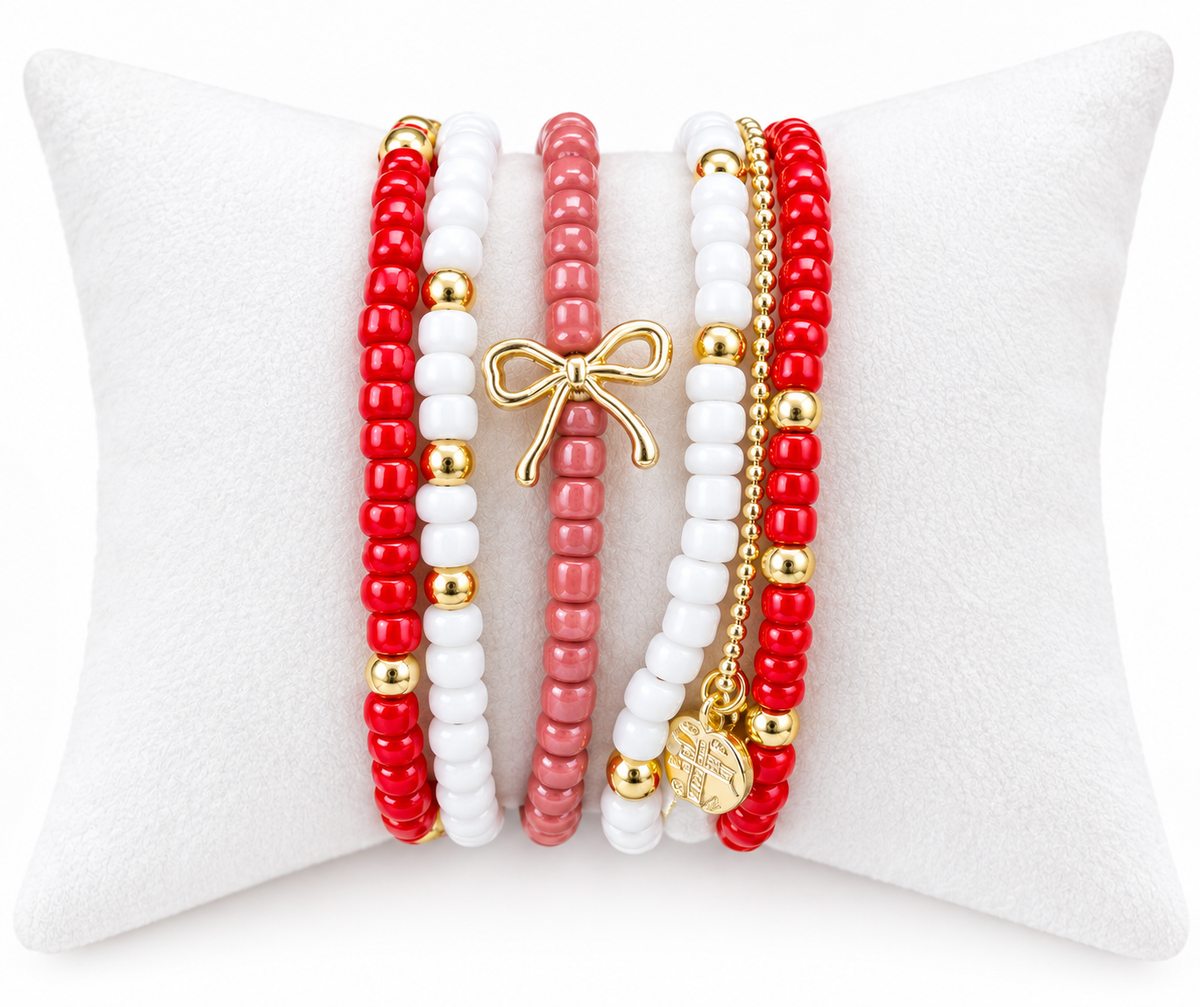 Bow bracelet stack with cross, girlie bracelets, valentine bracelet stack