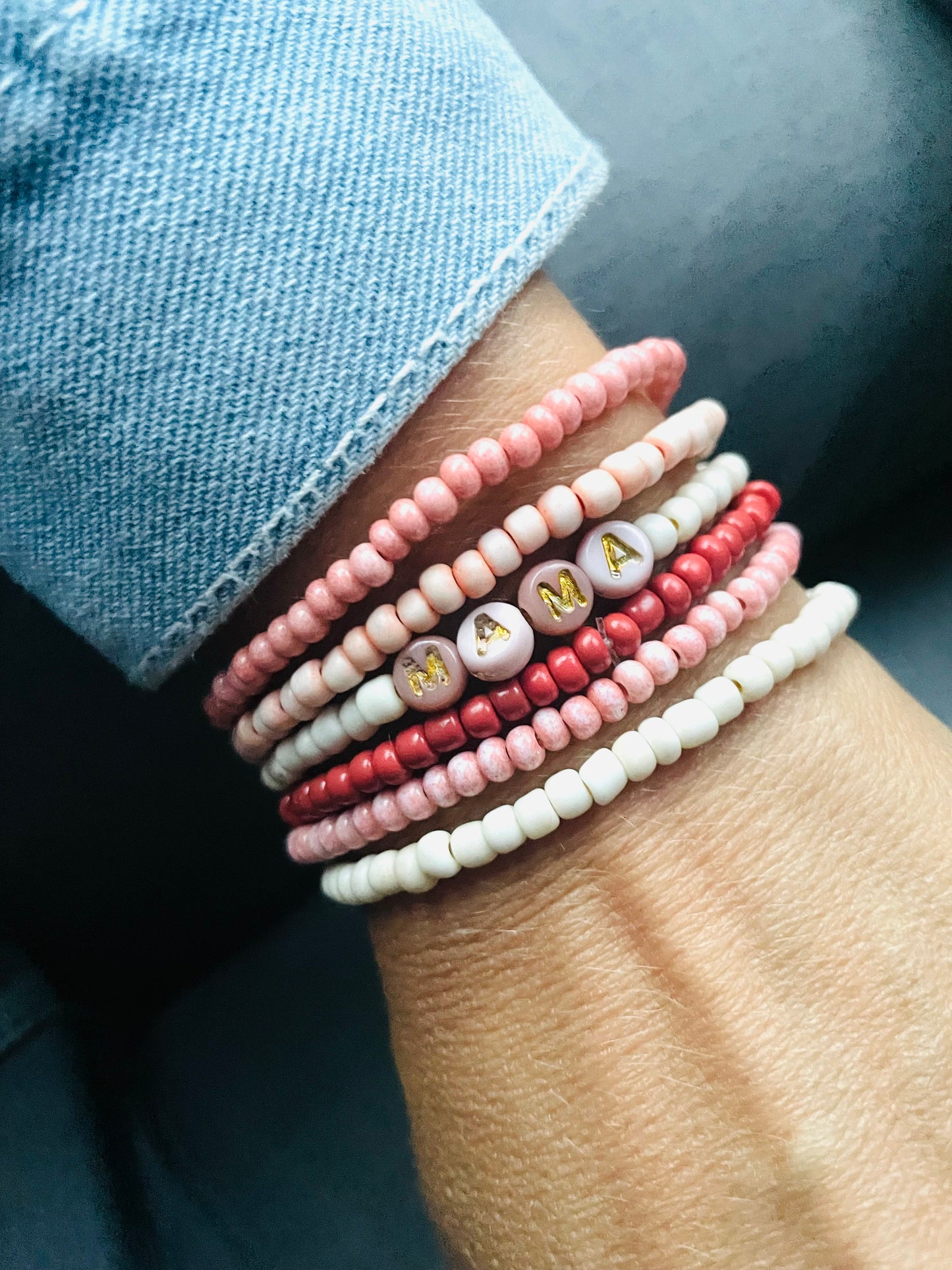 Fall bracelet stack, mama bracelet, blush, cream, burnt orange maple colors