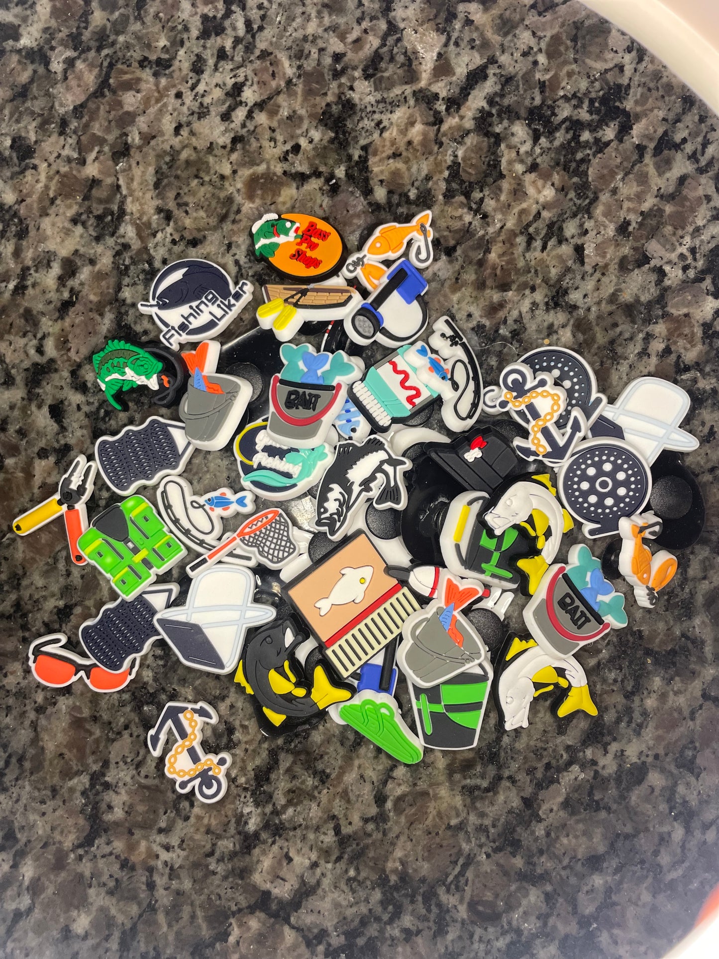 Fun shoe charms, character shoe charms, fishing charms