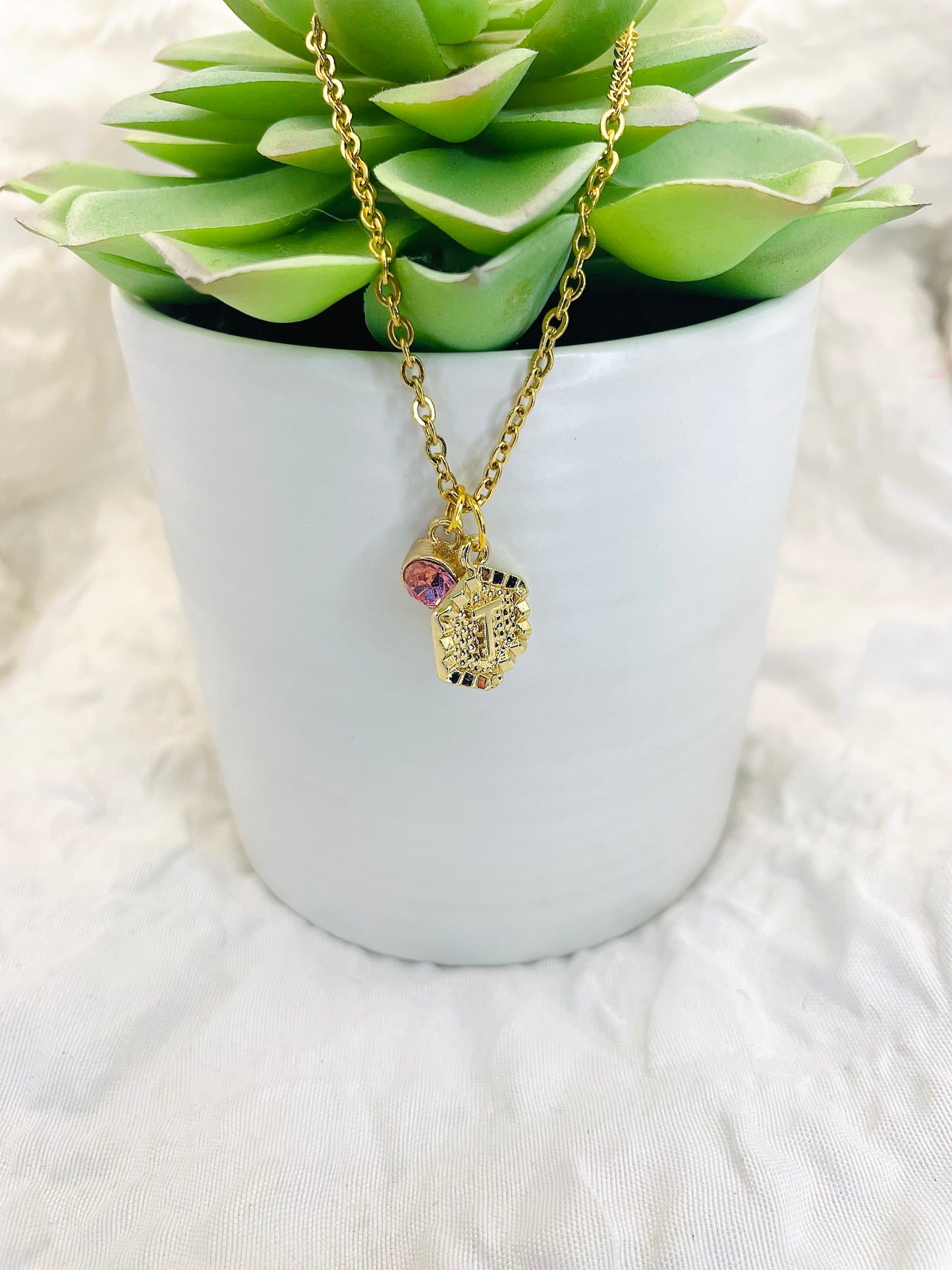 Initial necklace, gold chain with birthstone