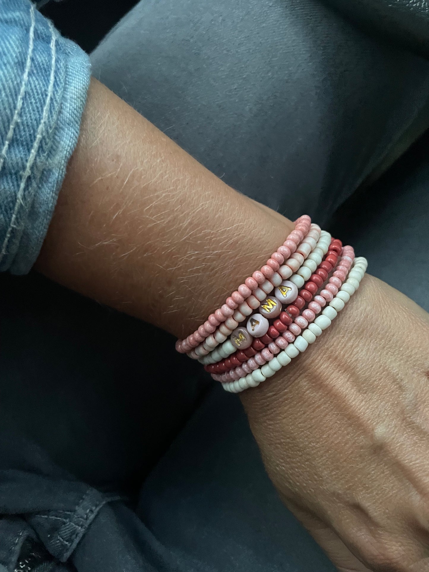 Fall bracelet stack, mama bracelet, blush, cream, burnt orange maple colors