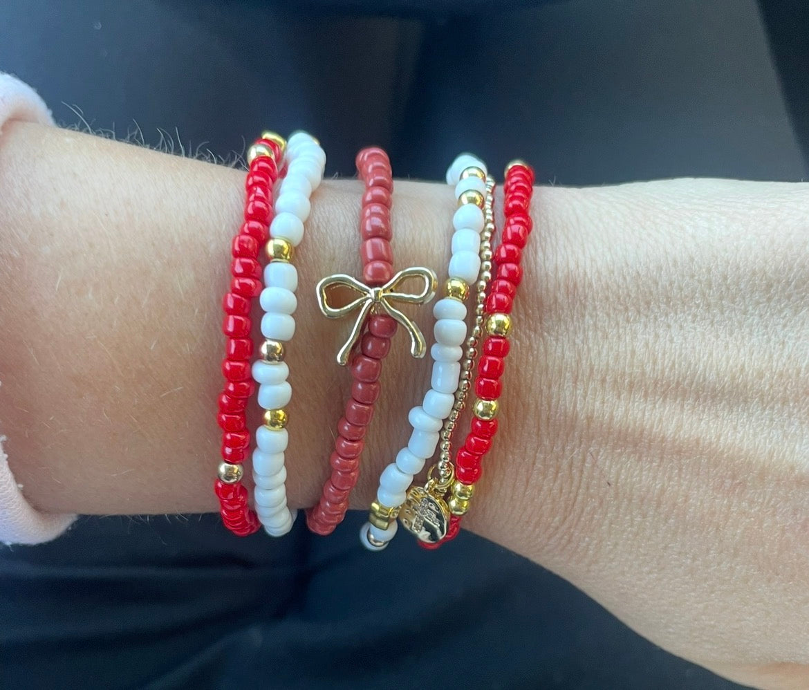 Bow bracelet stack with cross, girlie bracelets, valentine bracelet stack