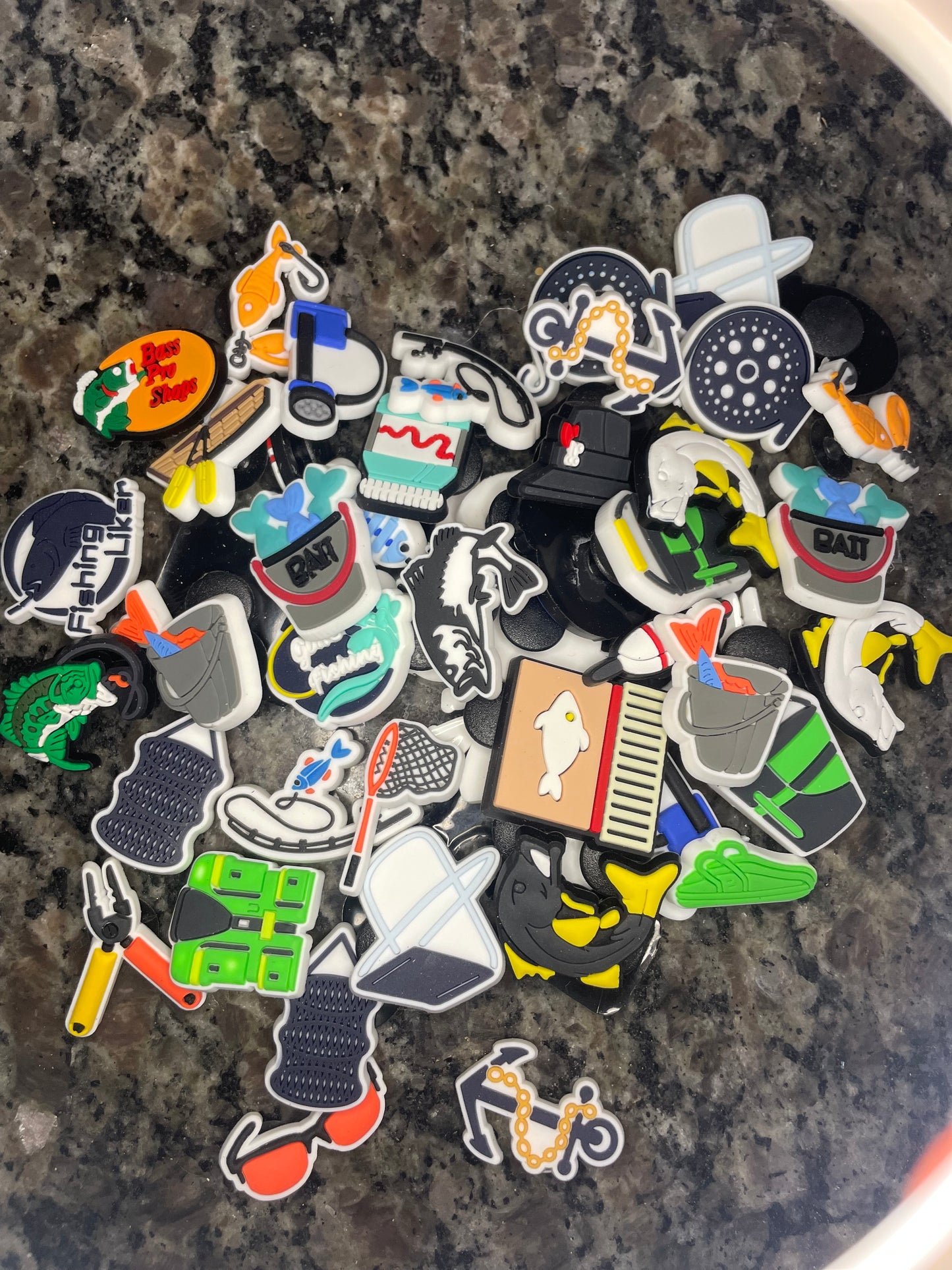 Fun shoe charms, character shoe charms, fishing charms