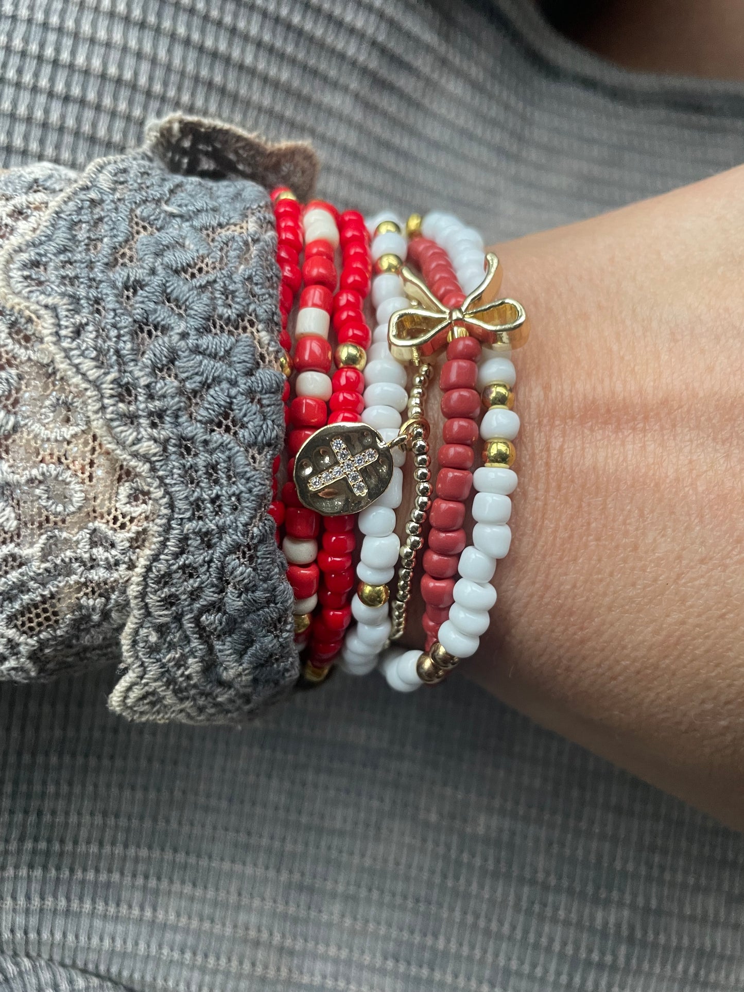 Bow bracelet stack with cross, girlie bracelets, valentine bracelet stack