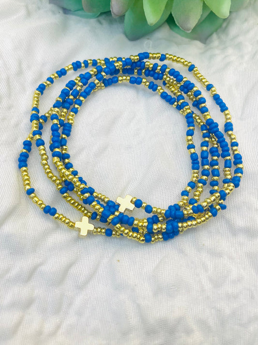 Cross bracelet, minimalist bracelet, cobalt and gold