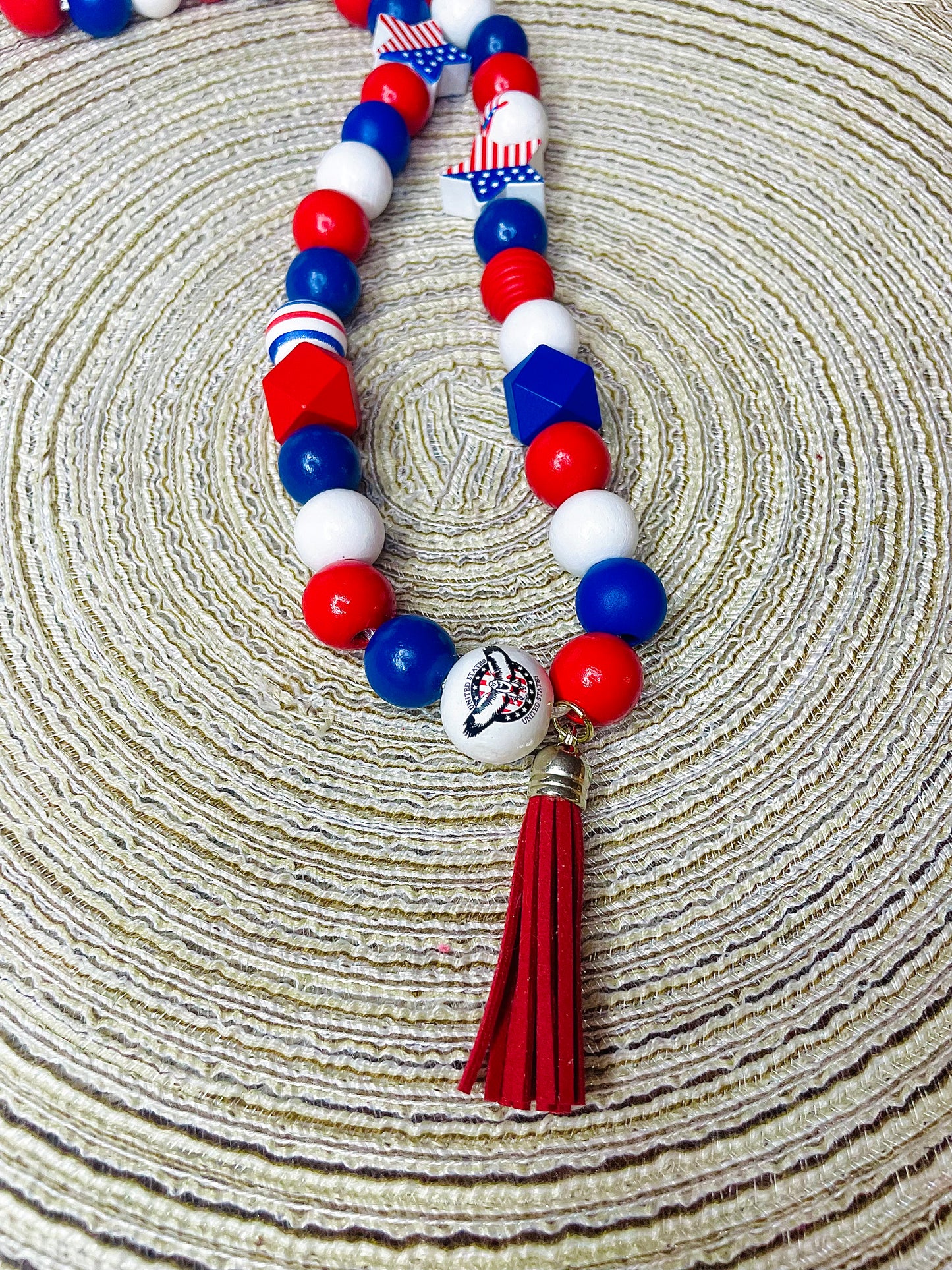 Red, white and blue necklace, USA necklace, large wooden bead tassel necklace