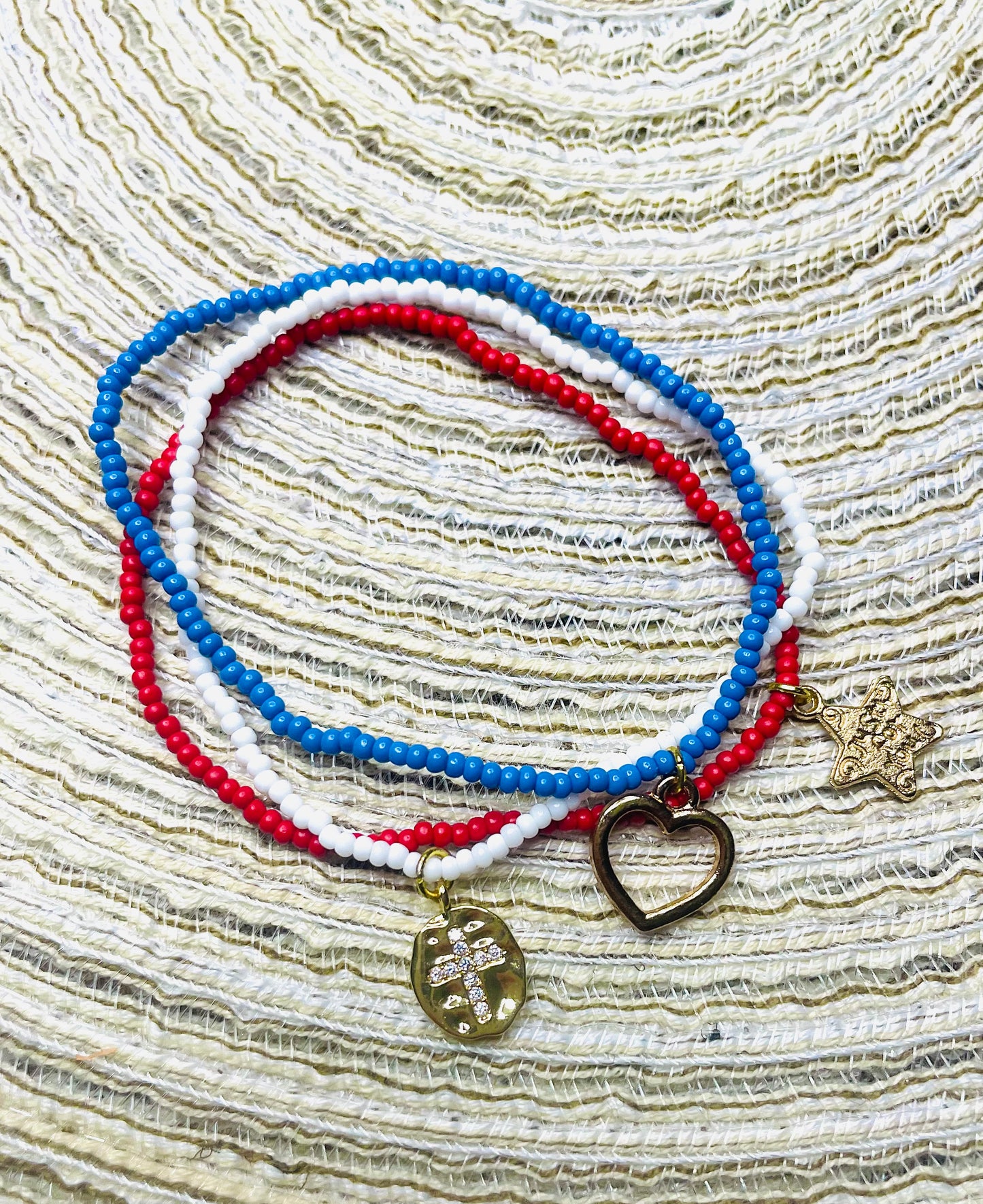 Red, White, and Blue Patriotic Beacelet Set with cross and star charms