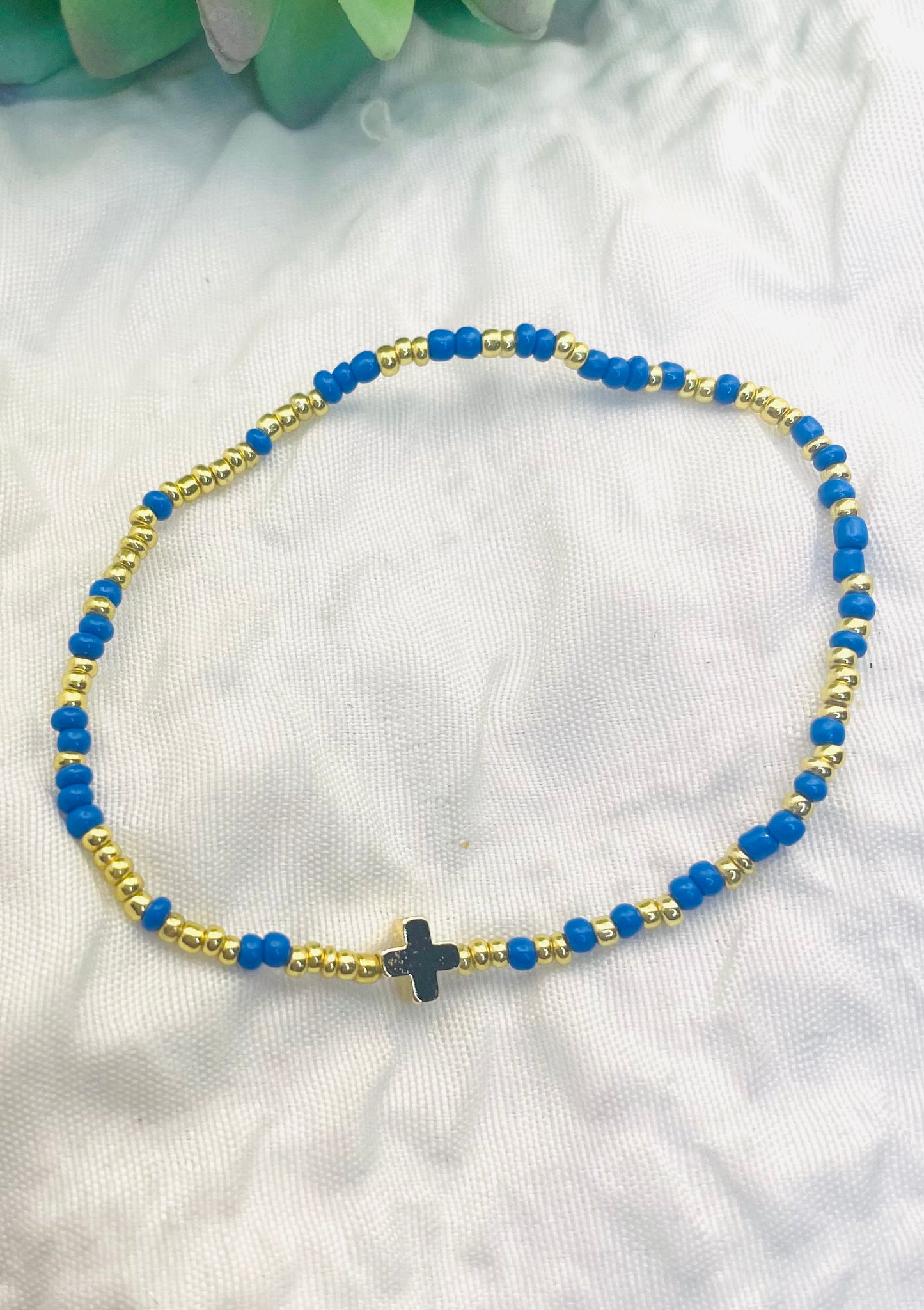 Cross bracelet, minimalist bracelet, cobalt and gold