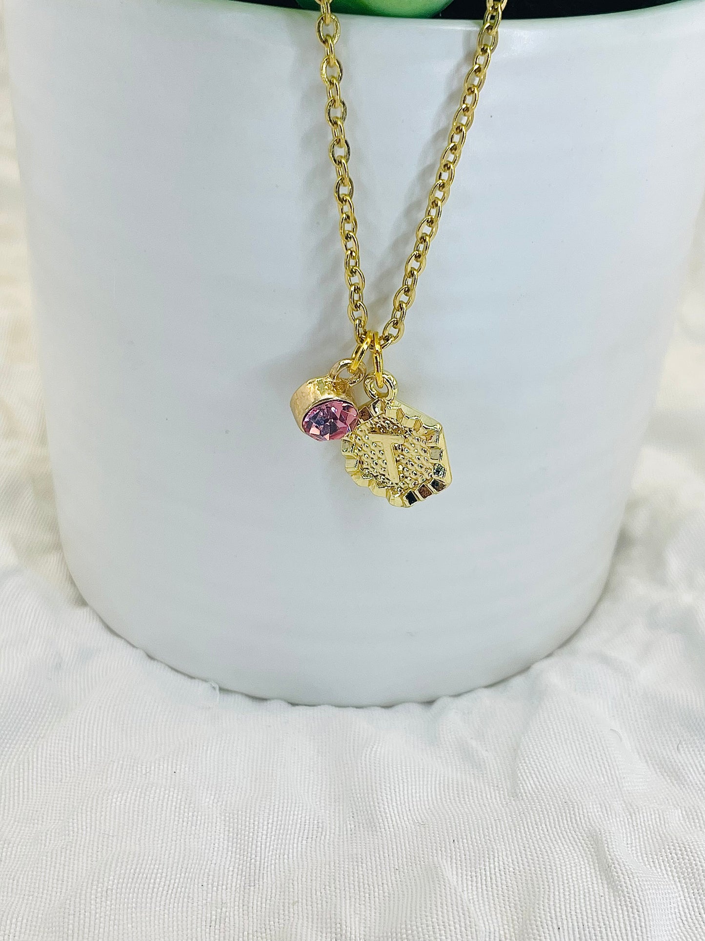 Initial necklace, gold chain with birthstone