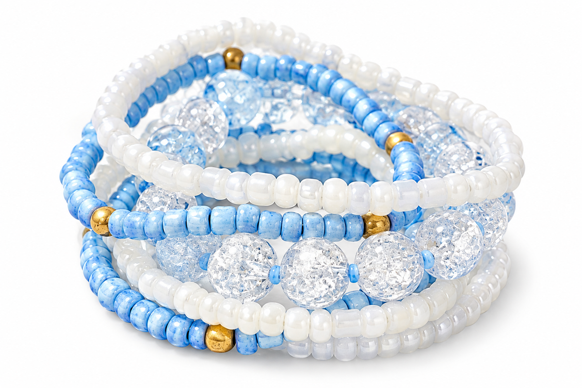 Bracelet stack, gray, blue, periwinkle, cornflower blue beaded bracelets