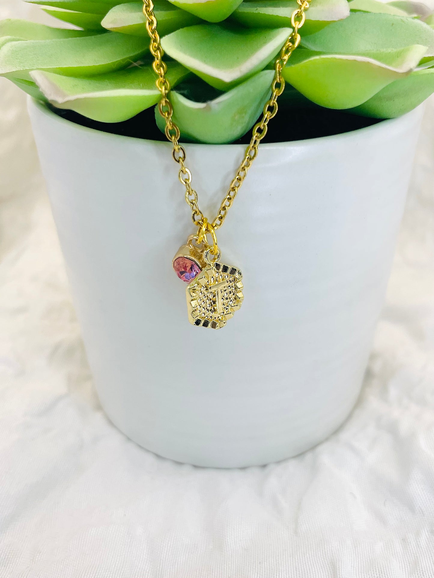 Initial necklace, gold chain with birthstone