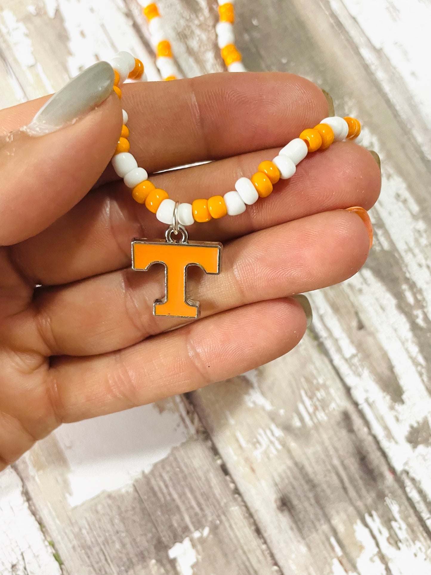 Beaded gameday necklace, orange and white necklace