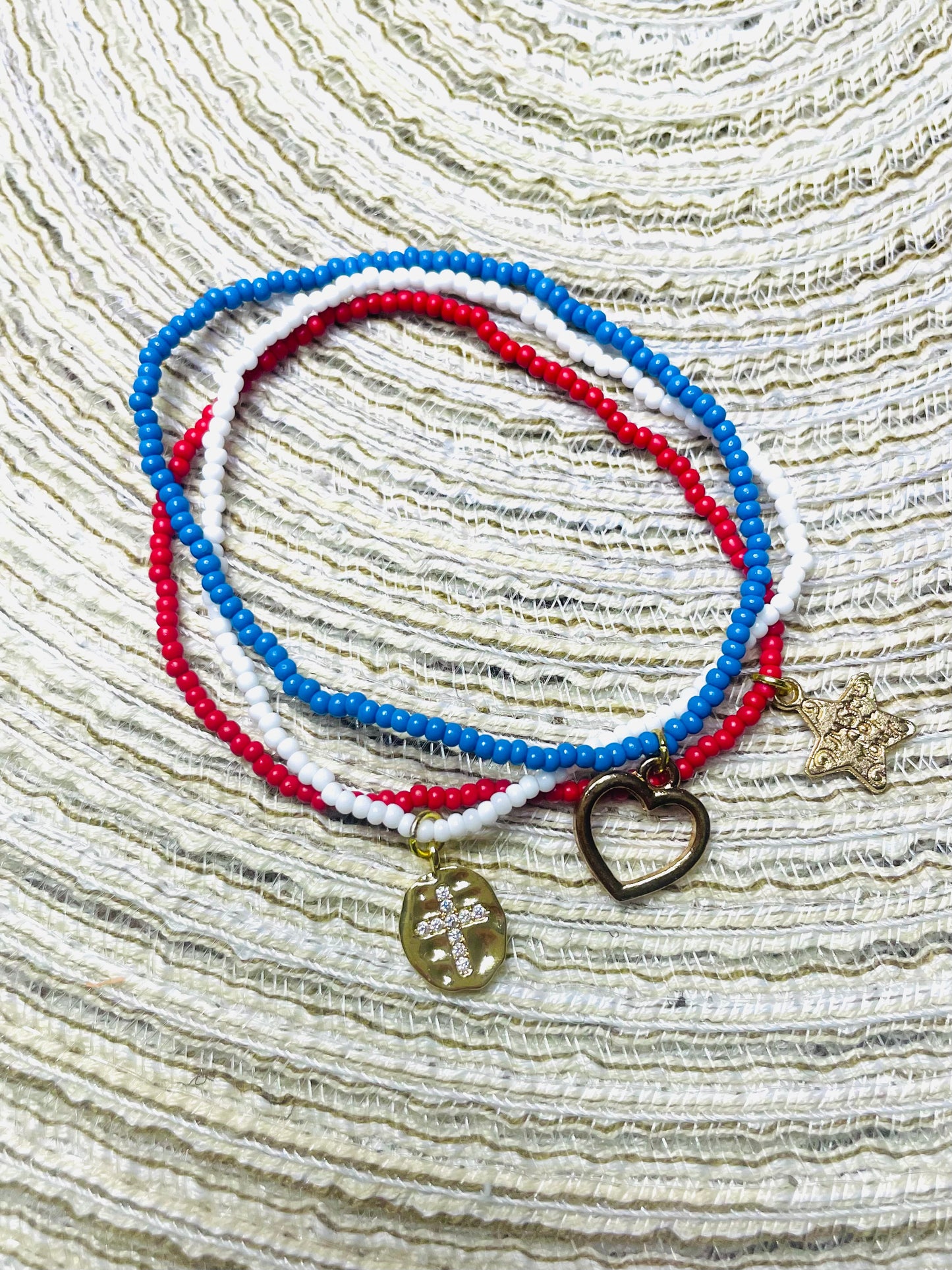 Red, White, and Blue Patriotic Beacelet Set with cross and star charms