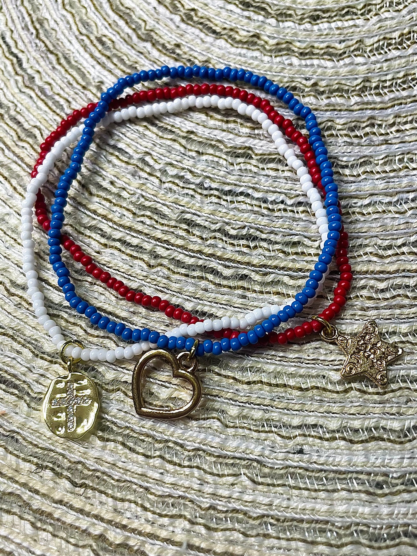 Red, White, and Blue Patriotic Beacelet Set with cross and star charms