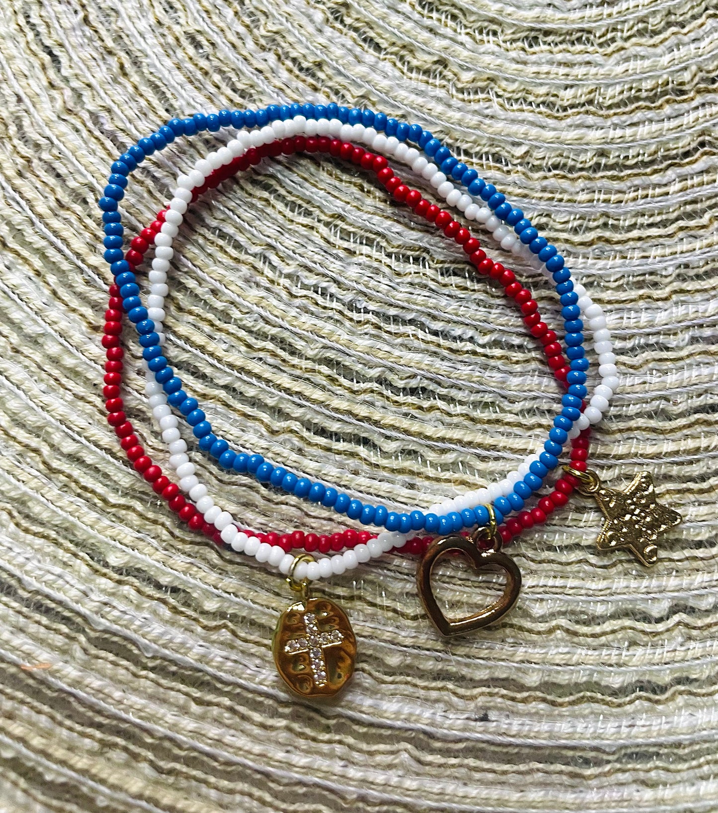 Red, White, and Blue Patriotic Beacelet Set with cross and star charms