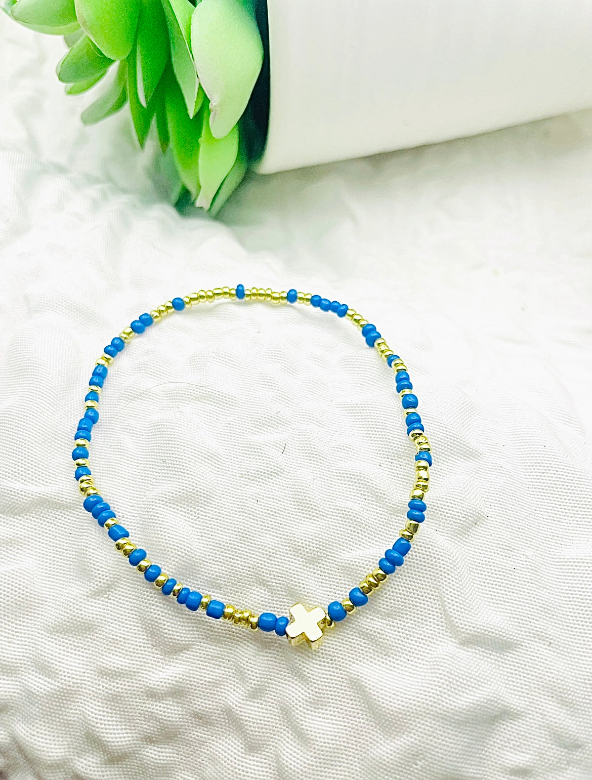 Cross bracelet, minimalist bracelet, cobalt and gold