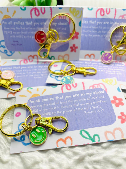 Smiley face keychain backpack tags, teacher gift for students, first day of school gift