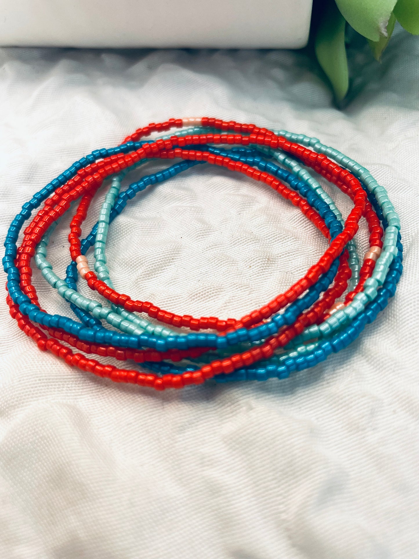 Blue and coral dainty thin Summer bracelets