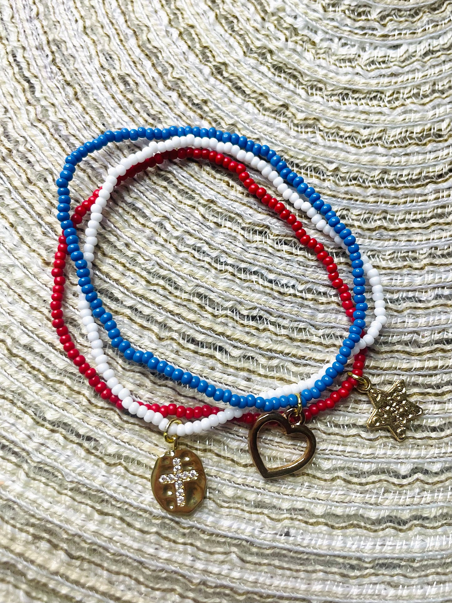 Red, White, and Blue Patriotic Beacelet Set with cross and star charms