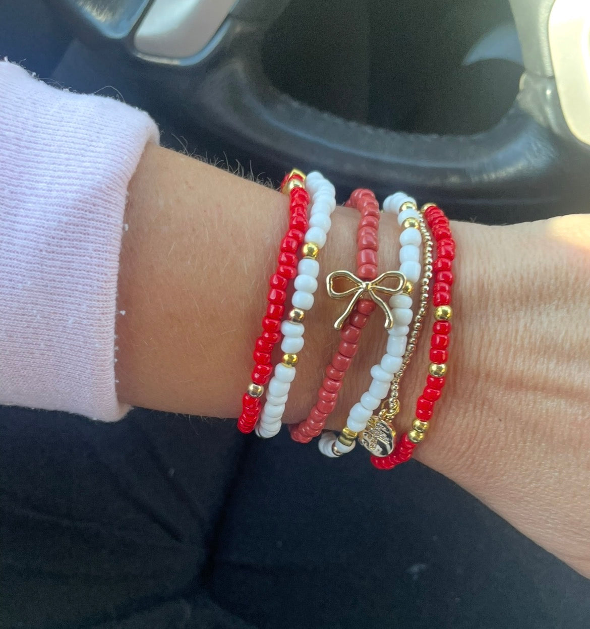 Bow bracelet stack with cross, girlie bracelets, valentine bracelet stack