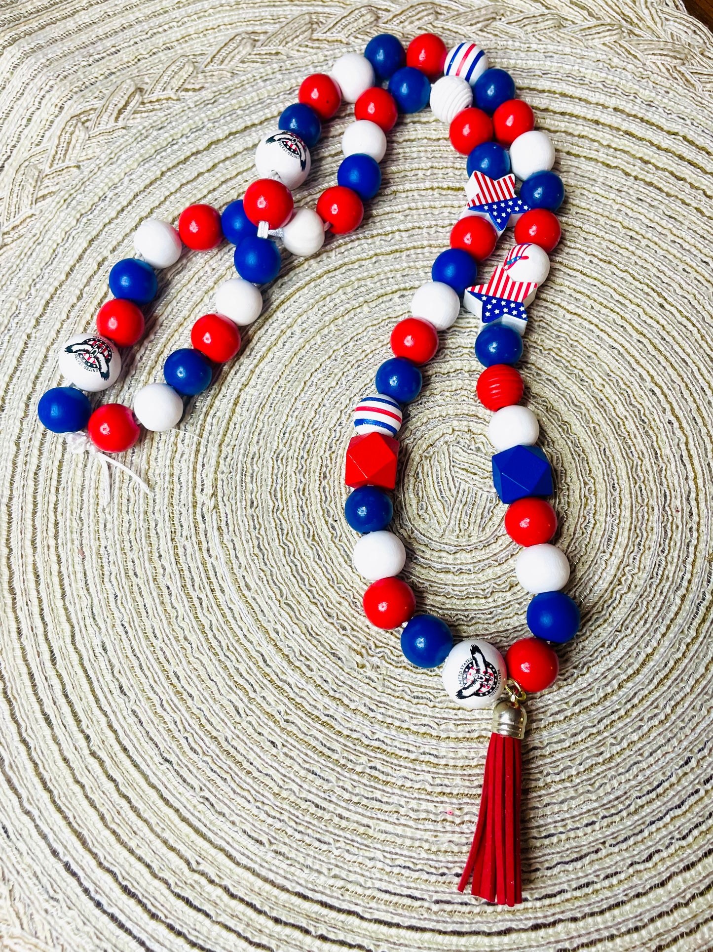 Red, white and blue necklace, USA necklace, large wooden bead tassel necklace
